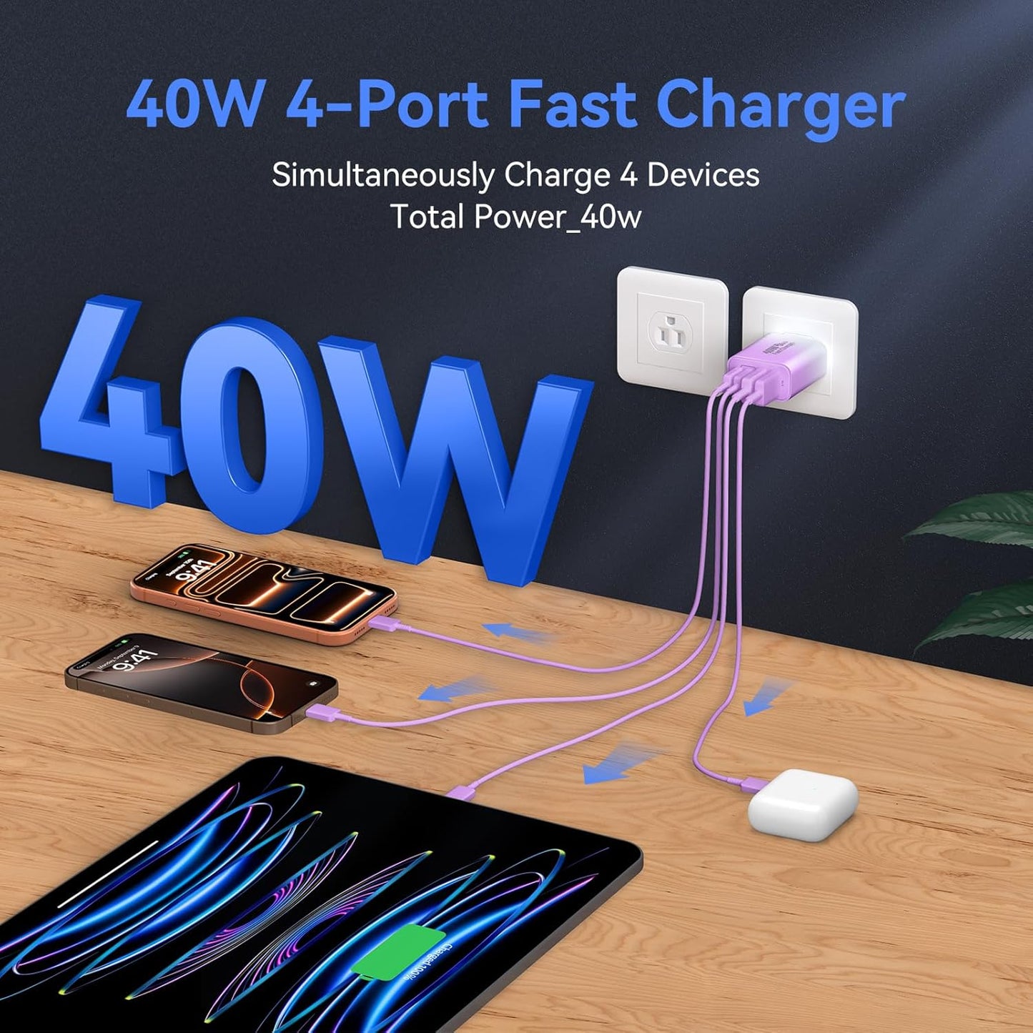 USB C Wall Fast Charger Block, 40W 4-Port Type C Chargers Fast Charging Blocks PD Power Charger Adapter+QC 3.0 USB Multiport Charger Brick for Phone 17/16/15/14/13/12 Pro Max, i-Pad, Galaxy S25-2Pack