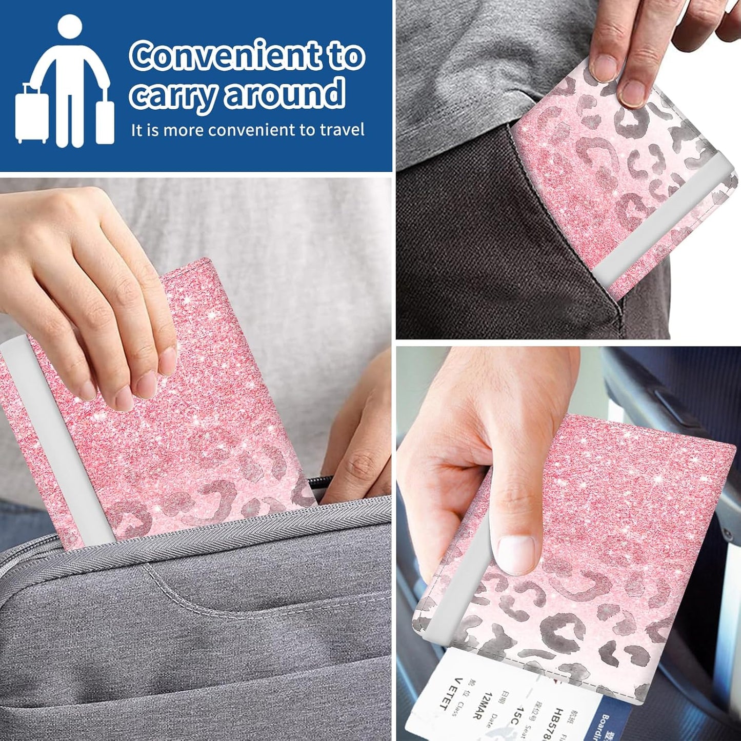 Passport Holder for Travel Essentials, Leather RFID Blocking Passport Wallet Cover Case, Cute Passport Book Holders for Women and Men Pink Glitter Leopard