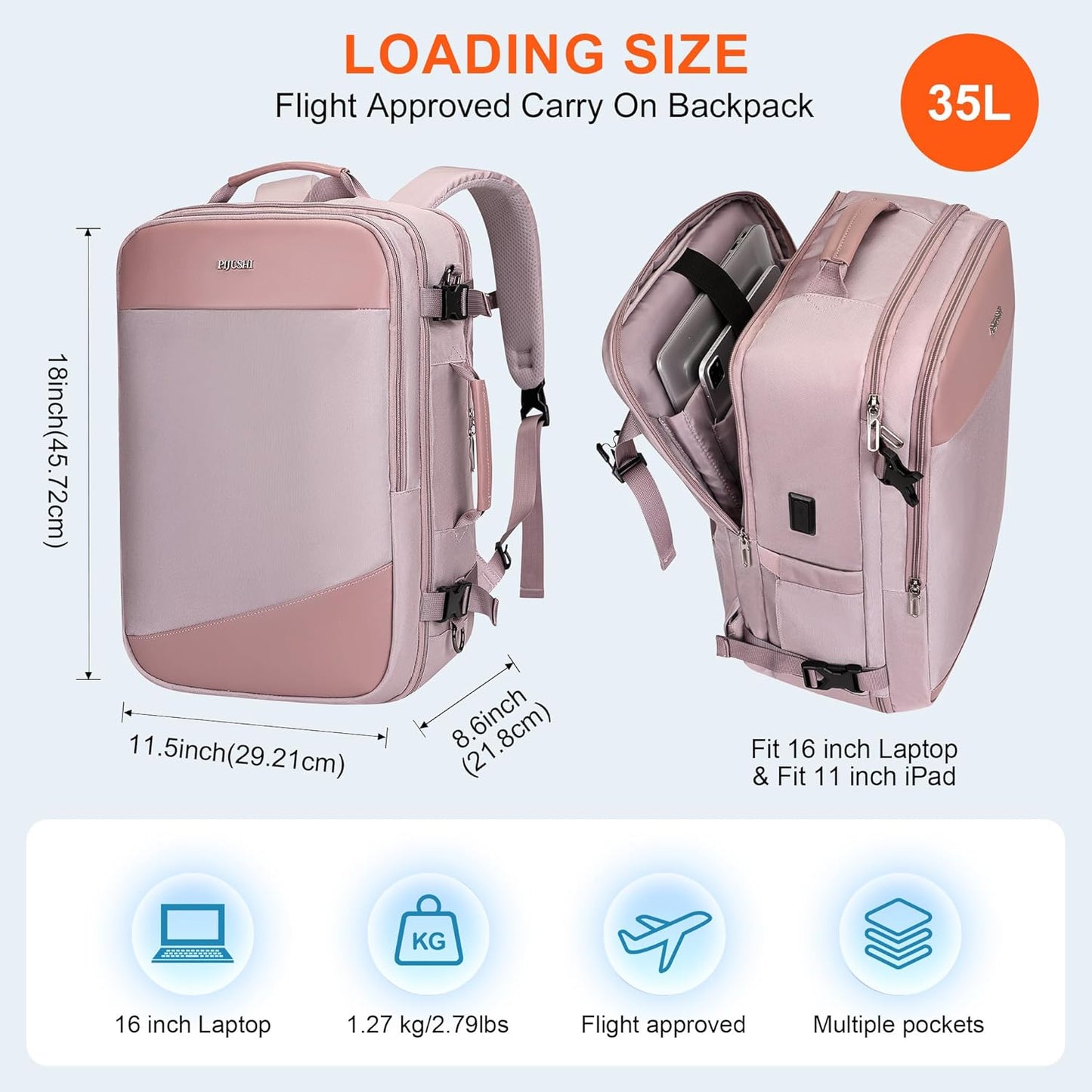 PIJUSHI Travel Backpack for Women Carry on Suitcase Backpack Flight Approved Personal Item Bag Fits 16 Inch Laptop(PE035 Light Purple)