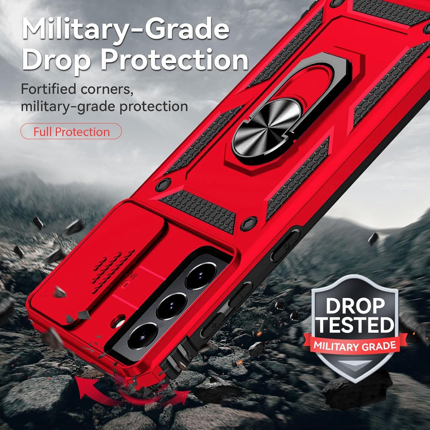 for Samsung S21 FE Case with Screen Protector: [Military Grade 20ft. Drop Tested] Ring Shockproof Protective Phone Case for -Samsung Galaxy S21 FE (Red)