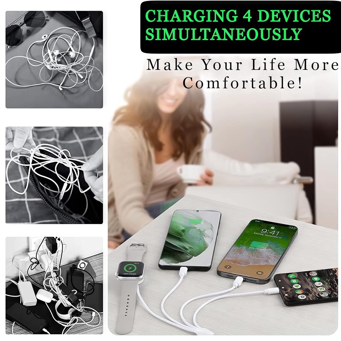 4 in 1 Watch & Phone Charger Cable, Multi Charging Cord, Fast Magnetic Cable USB Type C for Apple Watch, iPhone, Pods, Android & More / 3.3ft
