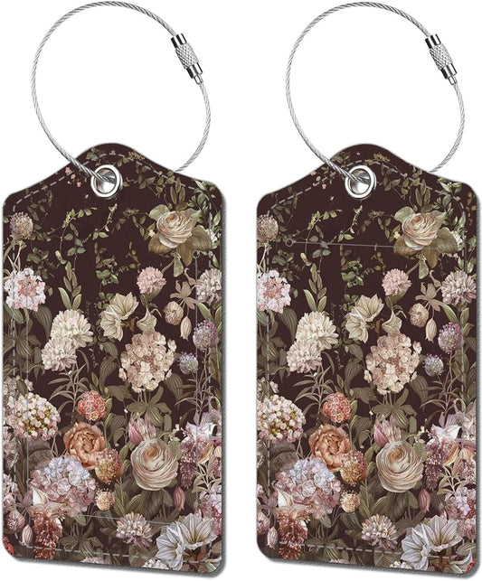 2 Pack Luggage Tags for Suitcase, Cute Vintage Rose Black Leather Suitcase Tags Cruise Ship with Privacy Cover and Double Metal Loop for Women Men Girls Boys Travel Baggage Bag Backpack Tags