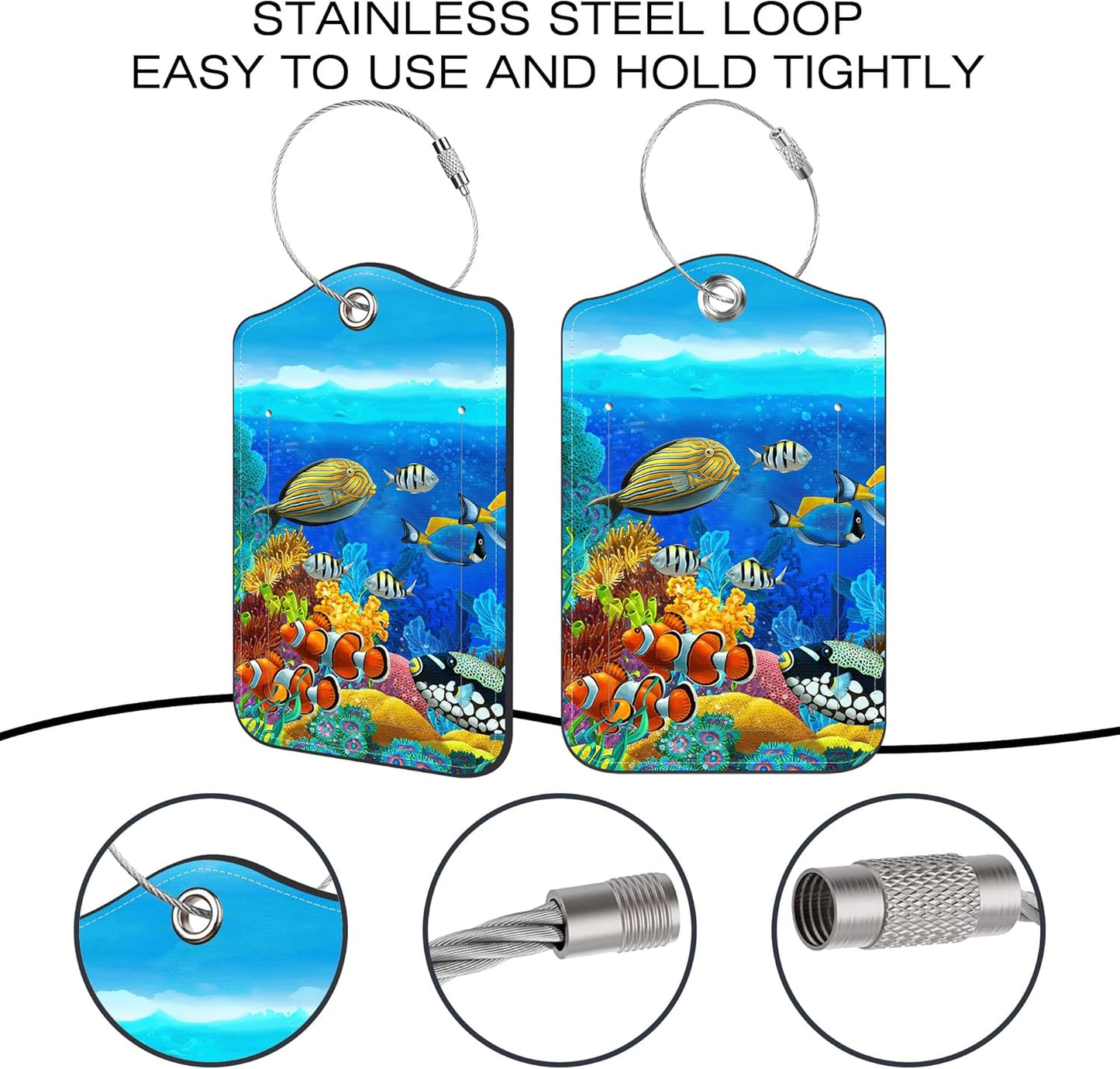 2 Pack Luggage Tags,Tropical Fish PU Leather Idea Baggage Tag with ID Labels Privacy Cover Metal Ring Men and Women Travel Bag Labels