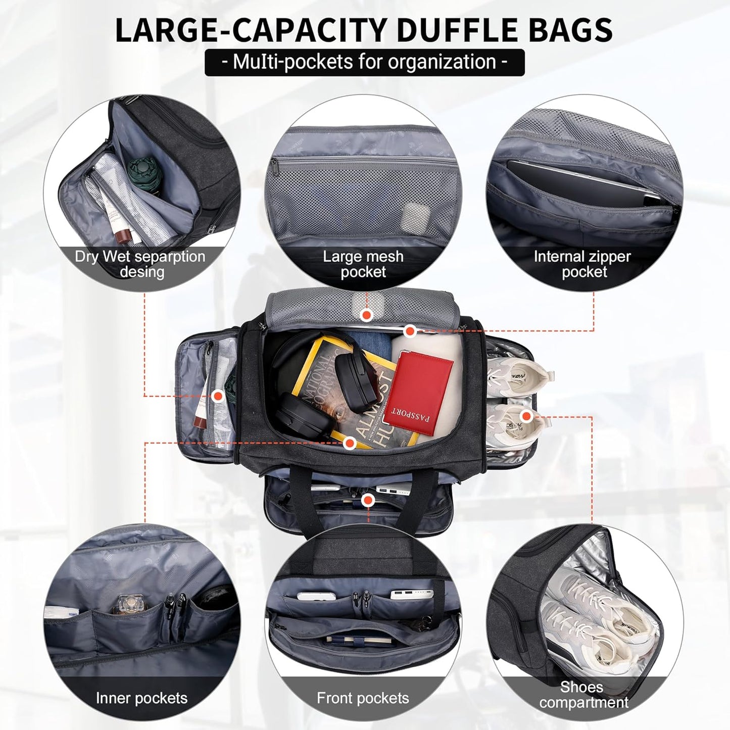 WITZMAN Canvas Duffel Bags for Men Traveling 3 in 1 Backpack Carry-on 40L Weekender Overnight Bag with Shoe Compartment(A8006/2 Black)