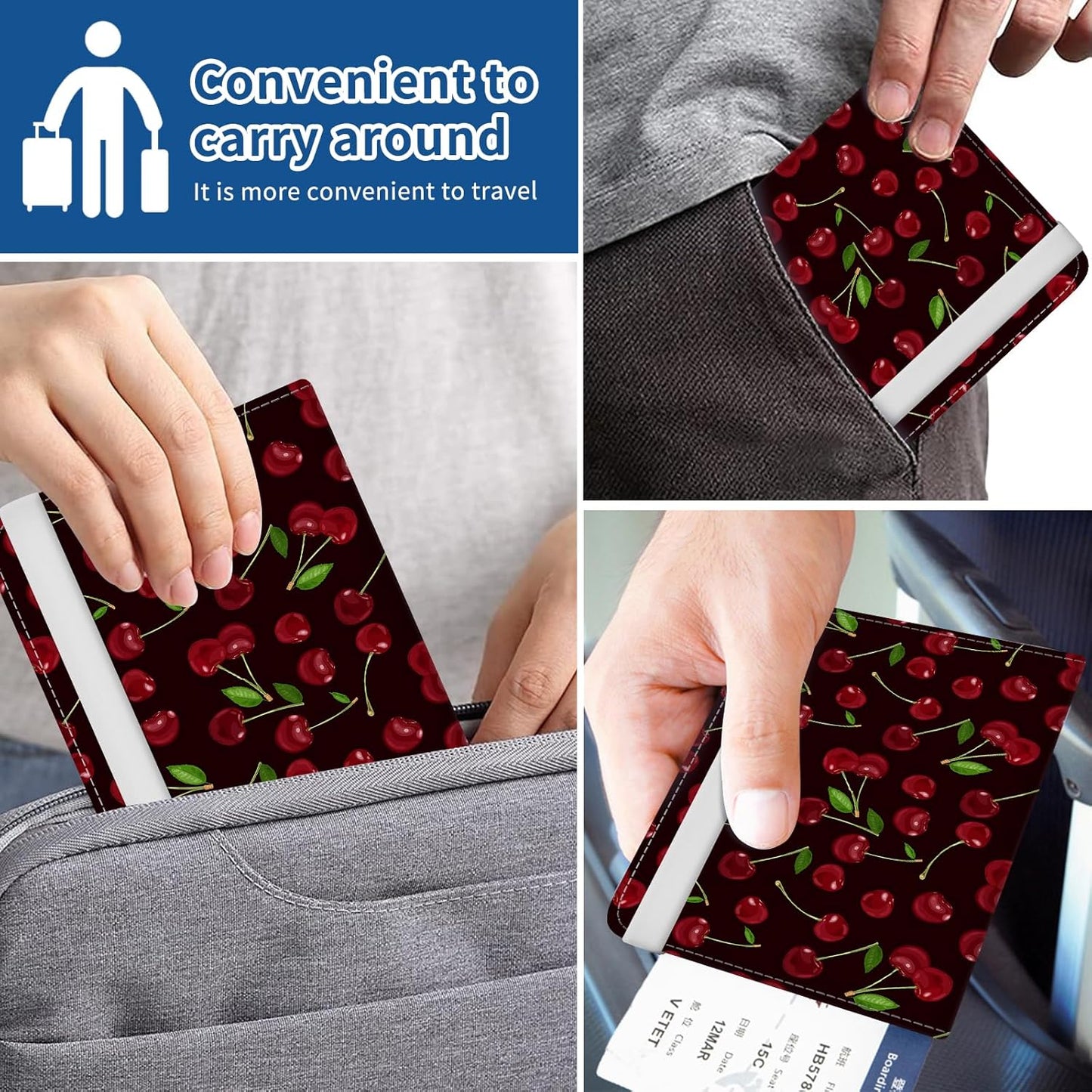 Passport Holder for Travel Essentials, Leather RFID Blocking Passport Wallet Cover Case, Cute Passport Book Holders for Women and Men Cute Cherry