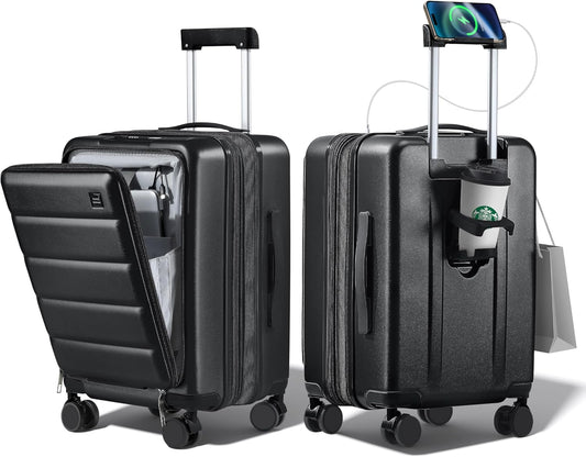 24 Inch Expandable Luggage Check In - Front Pocket Hardside Travel Suitcase Unbreakable -with Cup Holder,USB Charge,Side Pothook, 360°Spinner Wheels, TSA Lock, Black