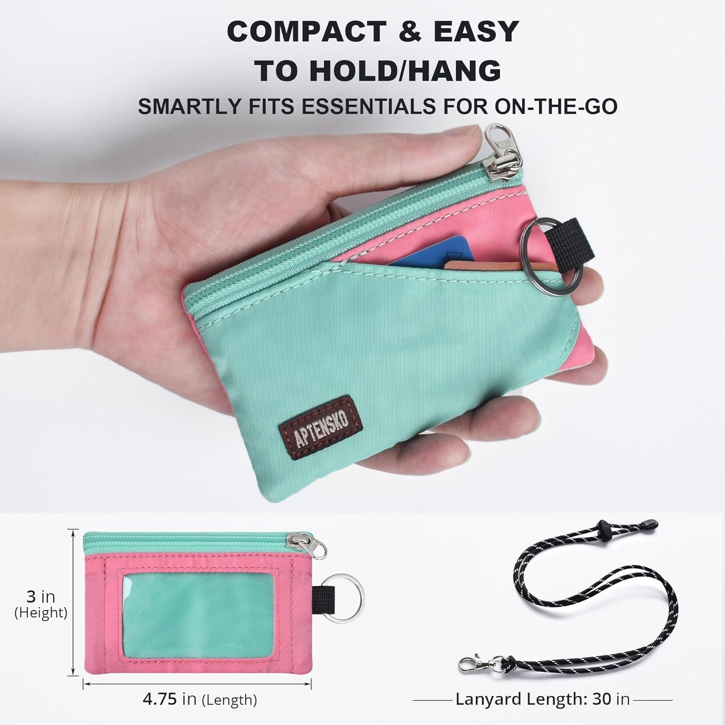 RFID Travel Wallet with Adjustable Lanyard-Zipper Small Wallet with ID Card Holder, Keychain for women&men-Minimalist Slim Waterproof Nylon case for ID, Cash, Key (Mint Aqua+Pink)