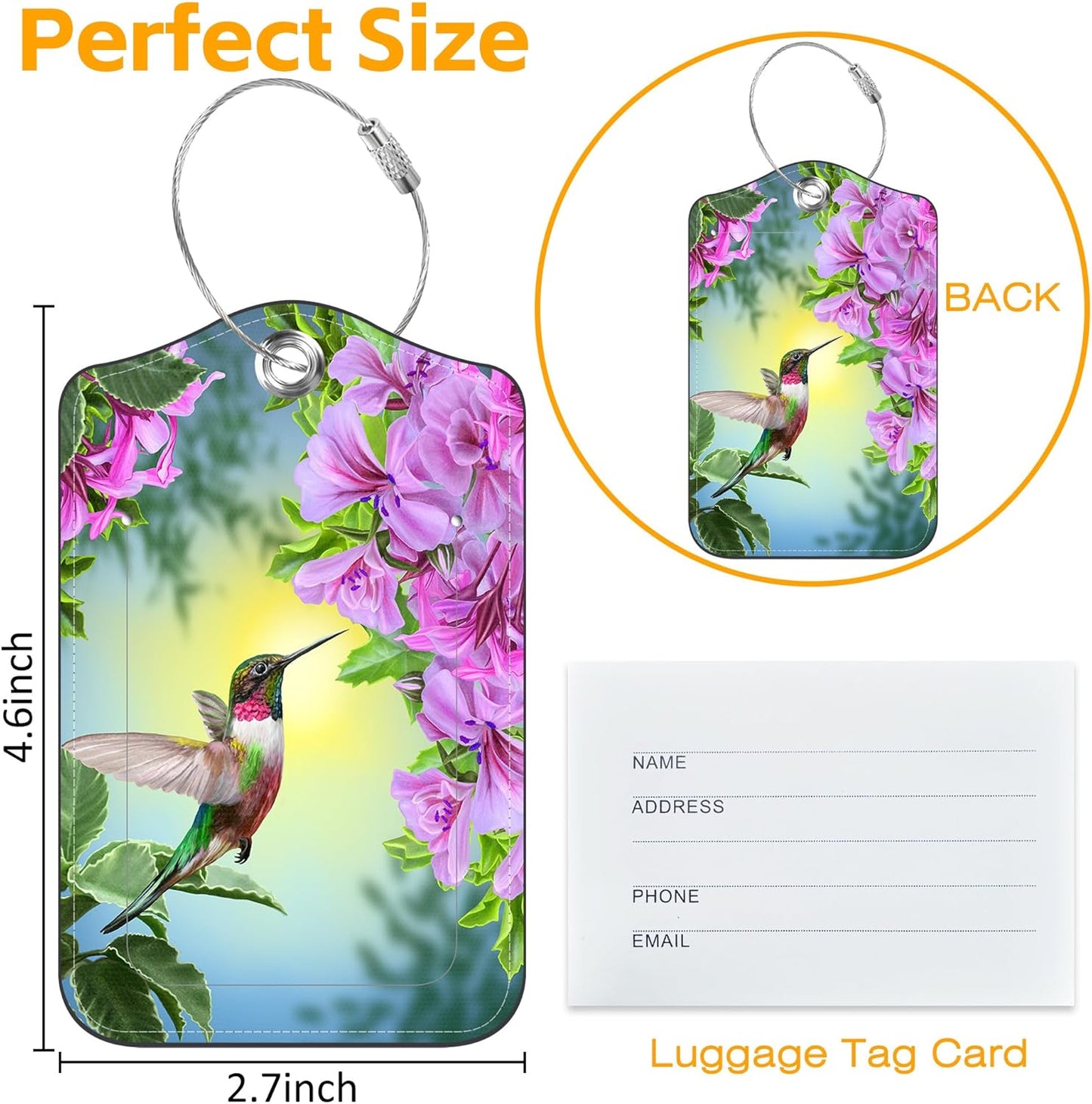 3 Pack PU Leather Luggage Tag for Suitcase Hummingbird with Hibiscus Suitcase Tags with Privacy Name ID Label and Stainless Steel Loop for Travel Bag