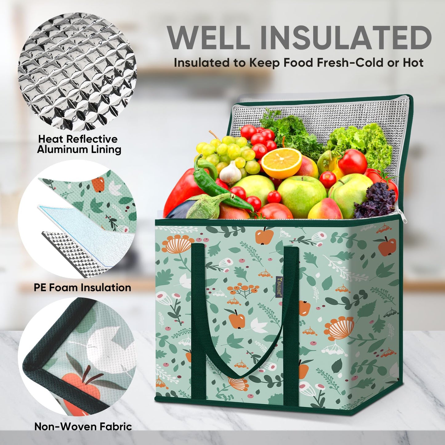 BALEINE 2Pk Insulated Reusable Grocery Bags, Collapsible Cooler Bag for Groceries, Heavy Duty Large
