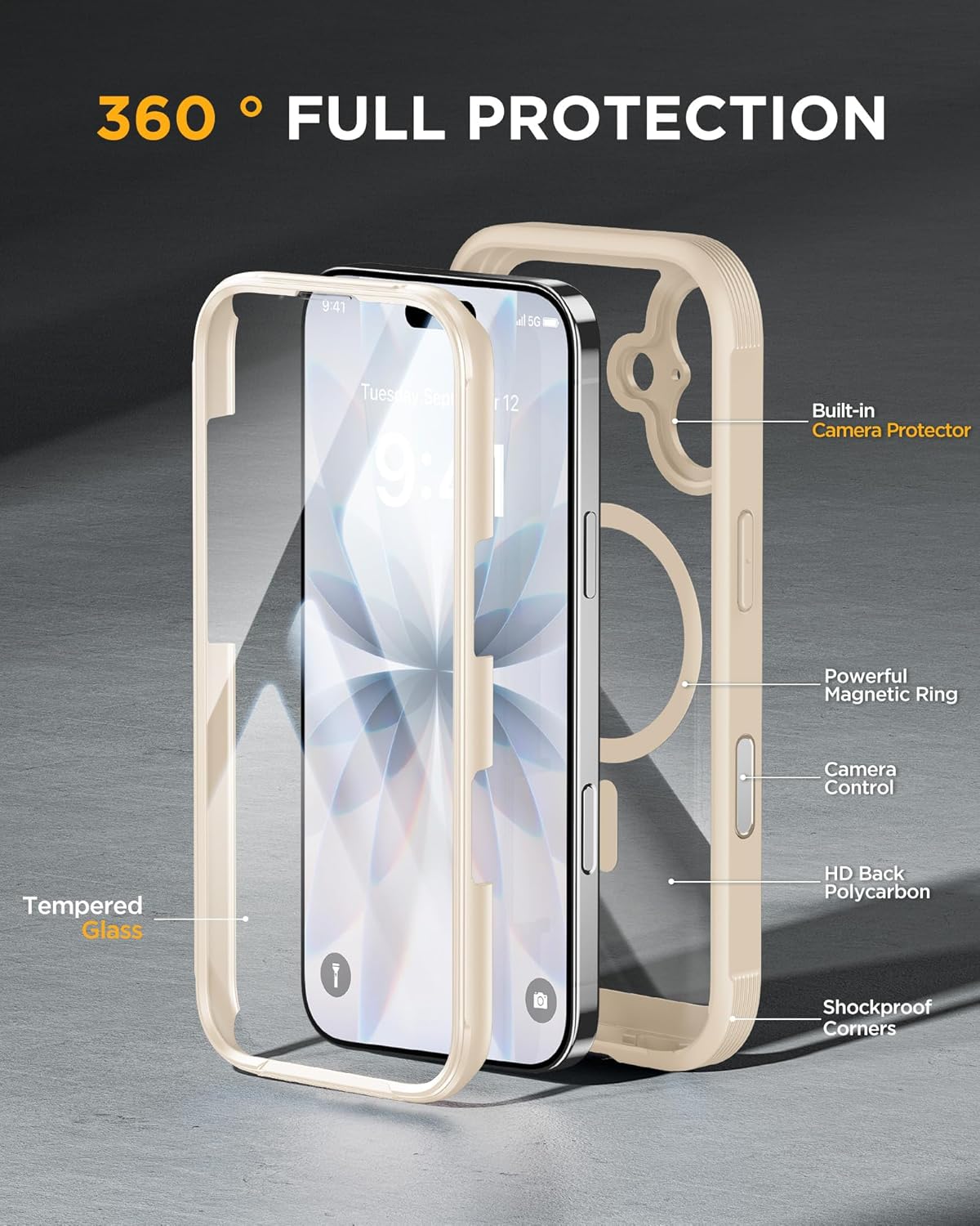 Miracase for iPhone 17 Case 6.3'', Full-Body Military Grade Drop Protection Outdoor Phone case with Built-in Glass Screen &Camera Control,Easy Installation,No Gap,Compatible with MagSafe, Gold
