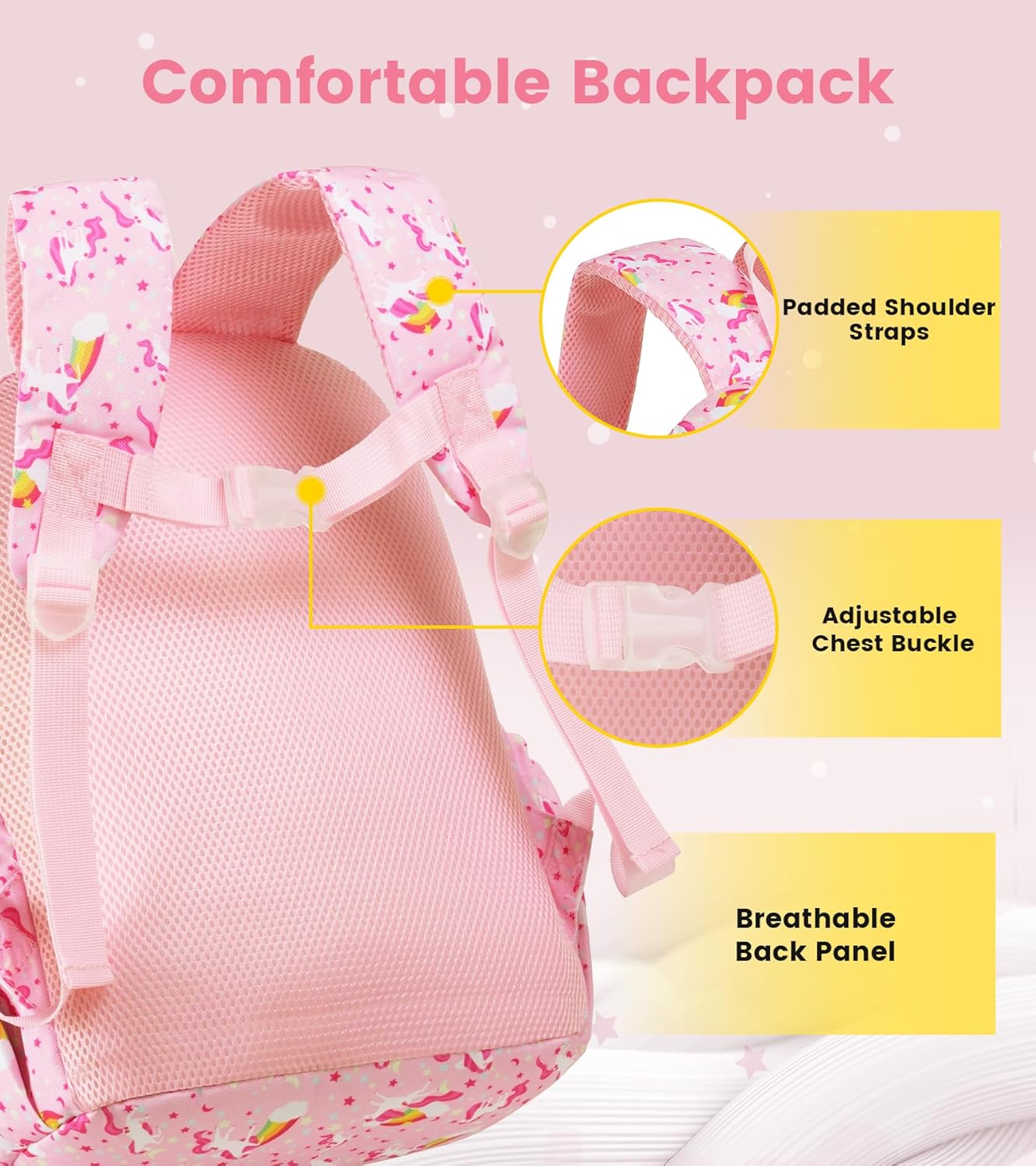 Vorspack Kids Backpack for Girls - 15 Inch Girls Backpack Ages 5-8, Cute Unicorn Bookbag School Bags for Elementary School - Pink