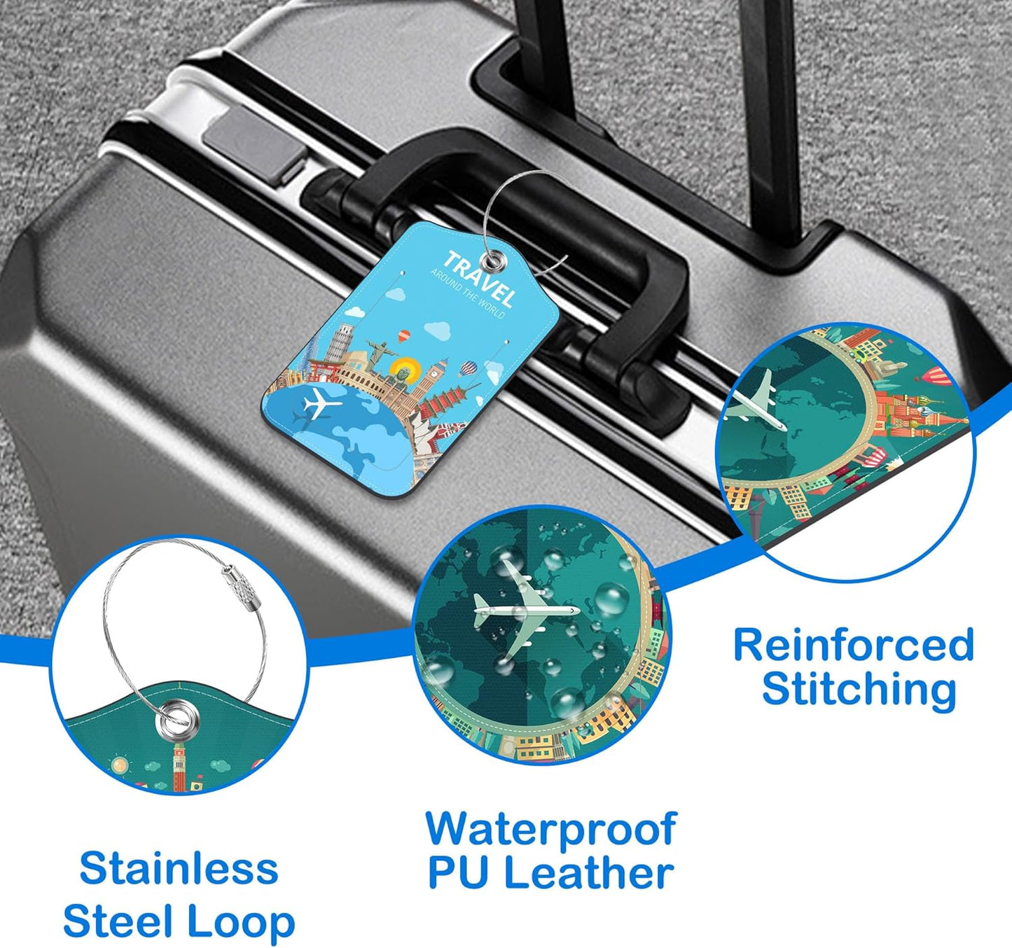 2 Pcs Luggage Tags for Suitcases, Travel Around The World Leather Bag Tags for Luggage Privacy Cover Name ID Label with Stainless Steel Loop Cruise Airport Travel Essentials