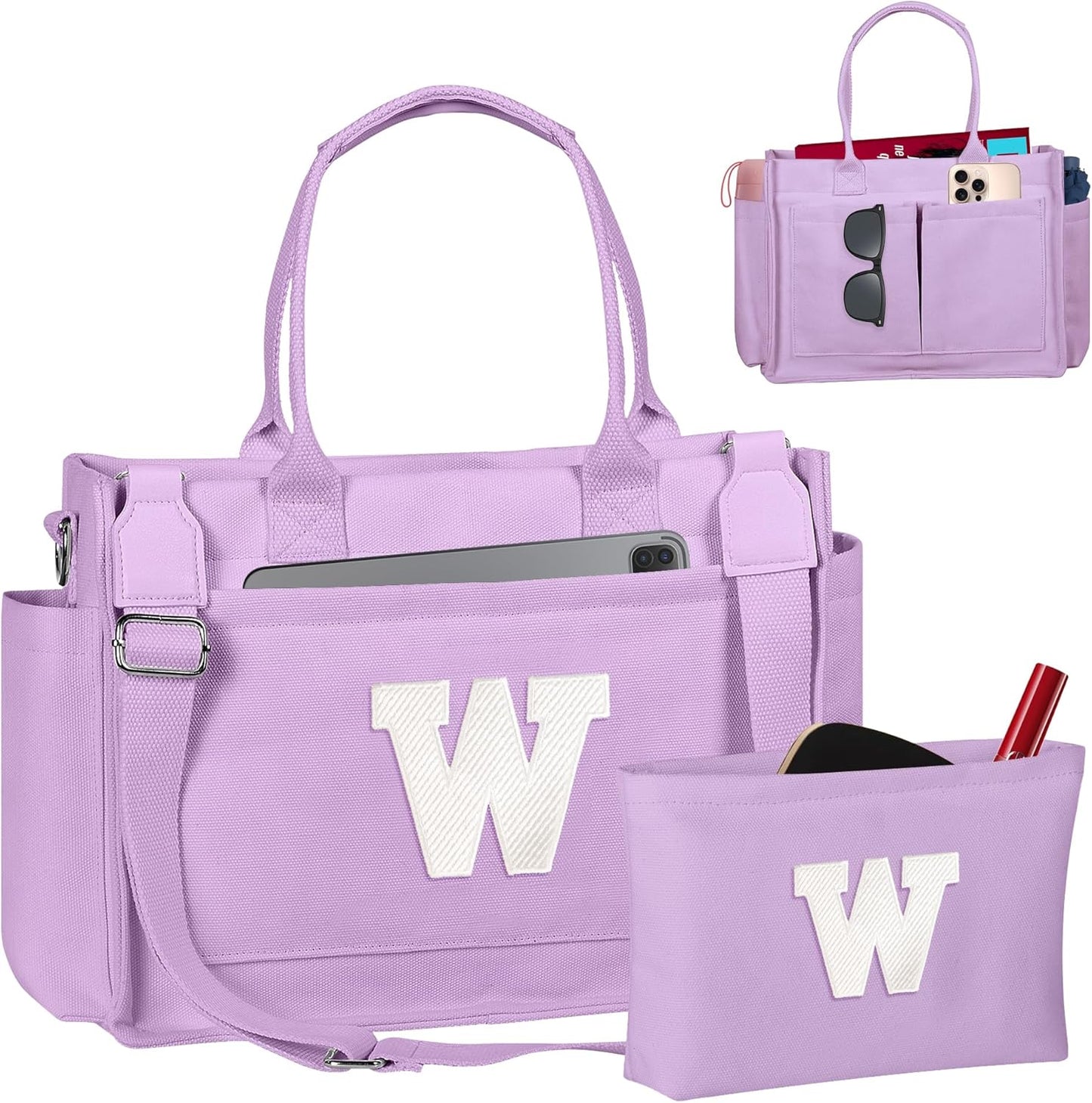 Gifts for Women Teen Girls, Initial Tote Bag with Zipper, Letter Canvas Tote Purse for College Work Laptop Beach