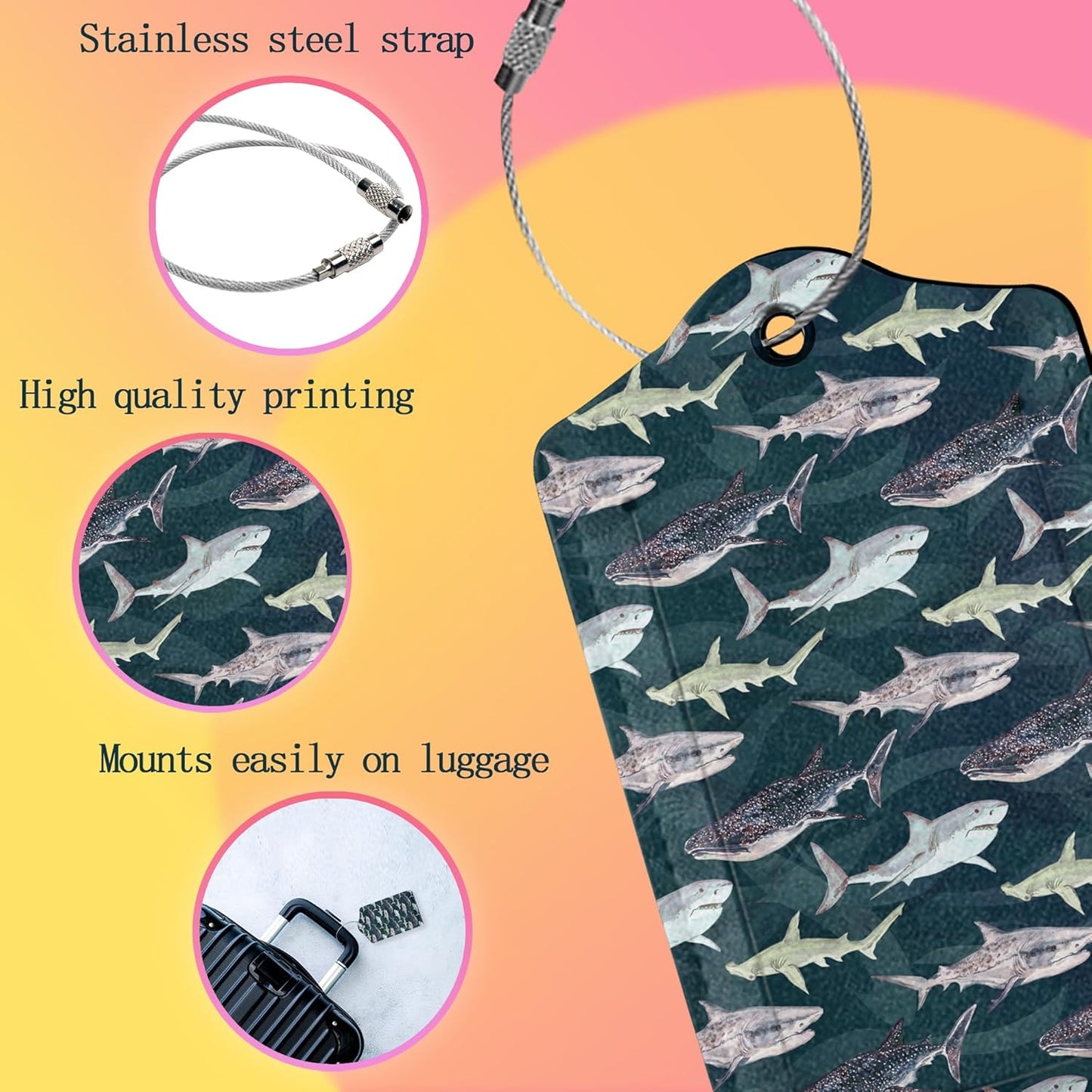 Luggage Tags for suitcases,2 Pack Cute Shark Luggage Tag,Leather Stainless Steel Loop Label Tag for Women Men Girls Travel Bag Suitcase