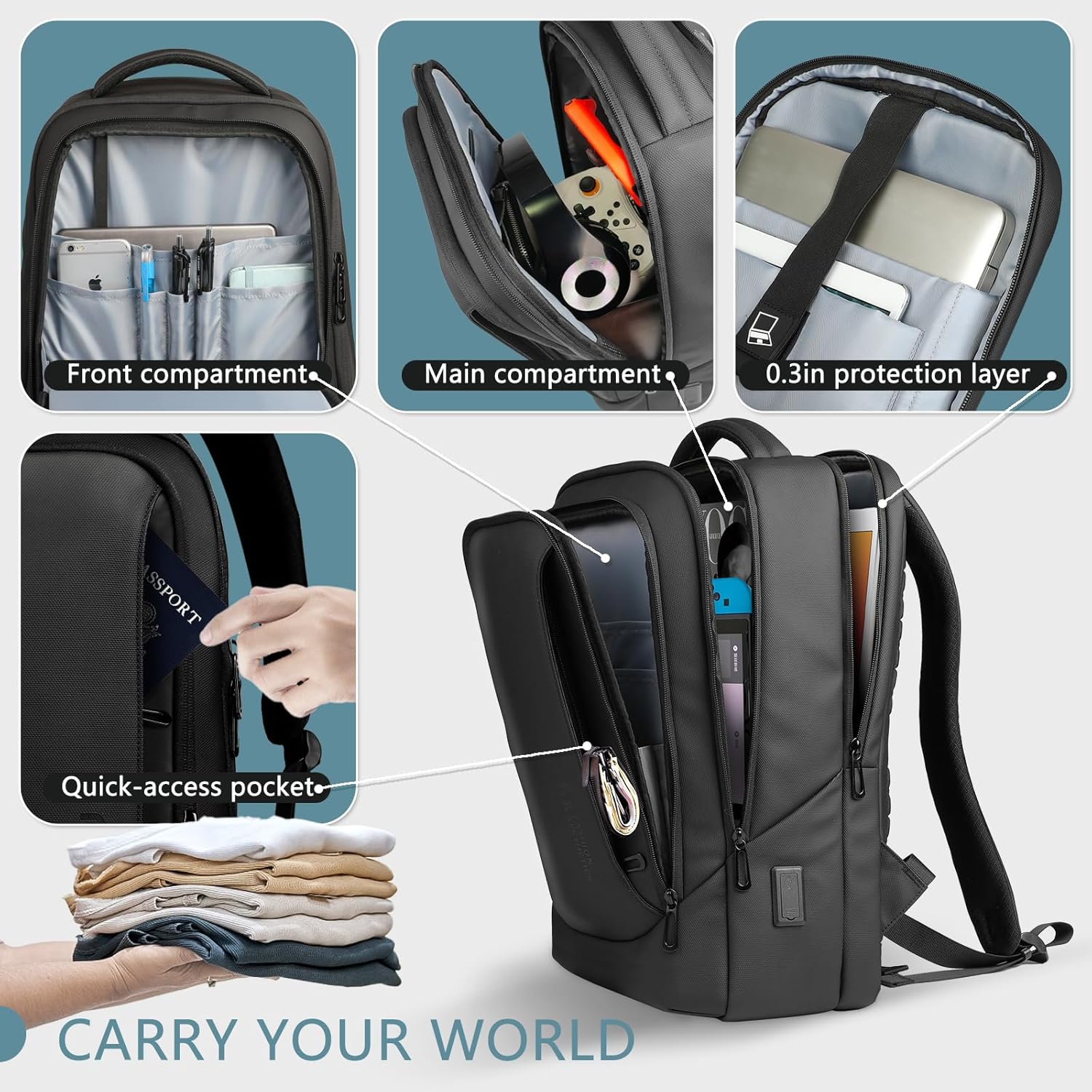 hk Laptop Backpack for Men with USB Charging Port Water-Resistant for 15.6 Inch Computer Bag