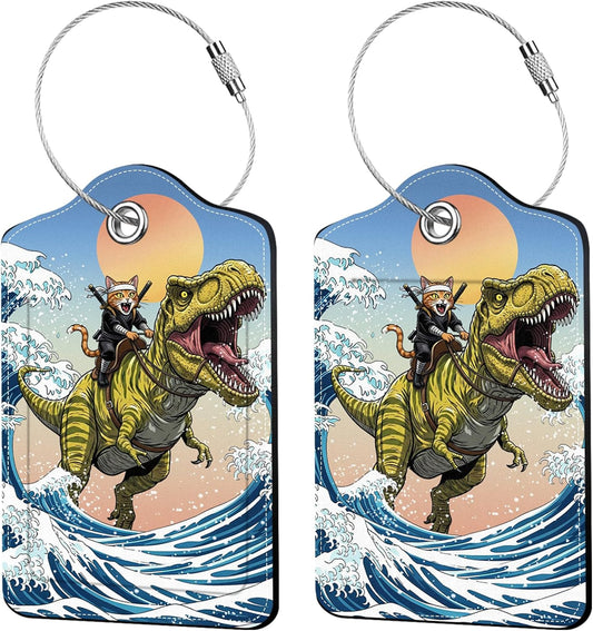 2 Pack Funny Cat Luggage Tags for Suitcases, Leather Luggage Tags Cute, Privacy Cover ID Label with Stainless Steel Loop & Address Card, Funny Cat Bag Tag Travel Accessories for Suitcases