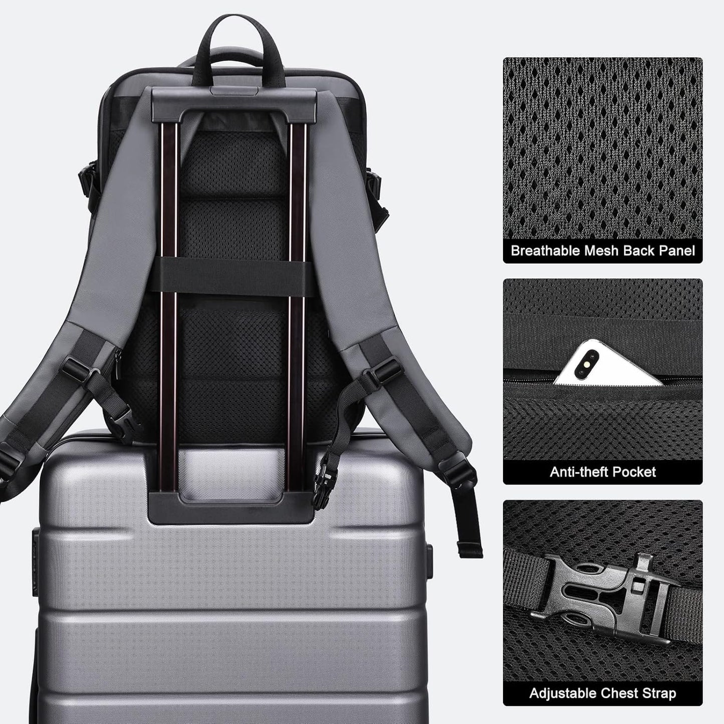 HOMIEE Carry on Backpack Extra Large Travel Bag, Expandable Hand Luggage Suitcase Anti-Theft Business Backpack, Water Resistant Lightweight Weekender Bag, Grey
