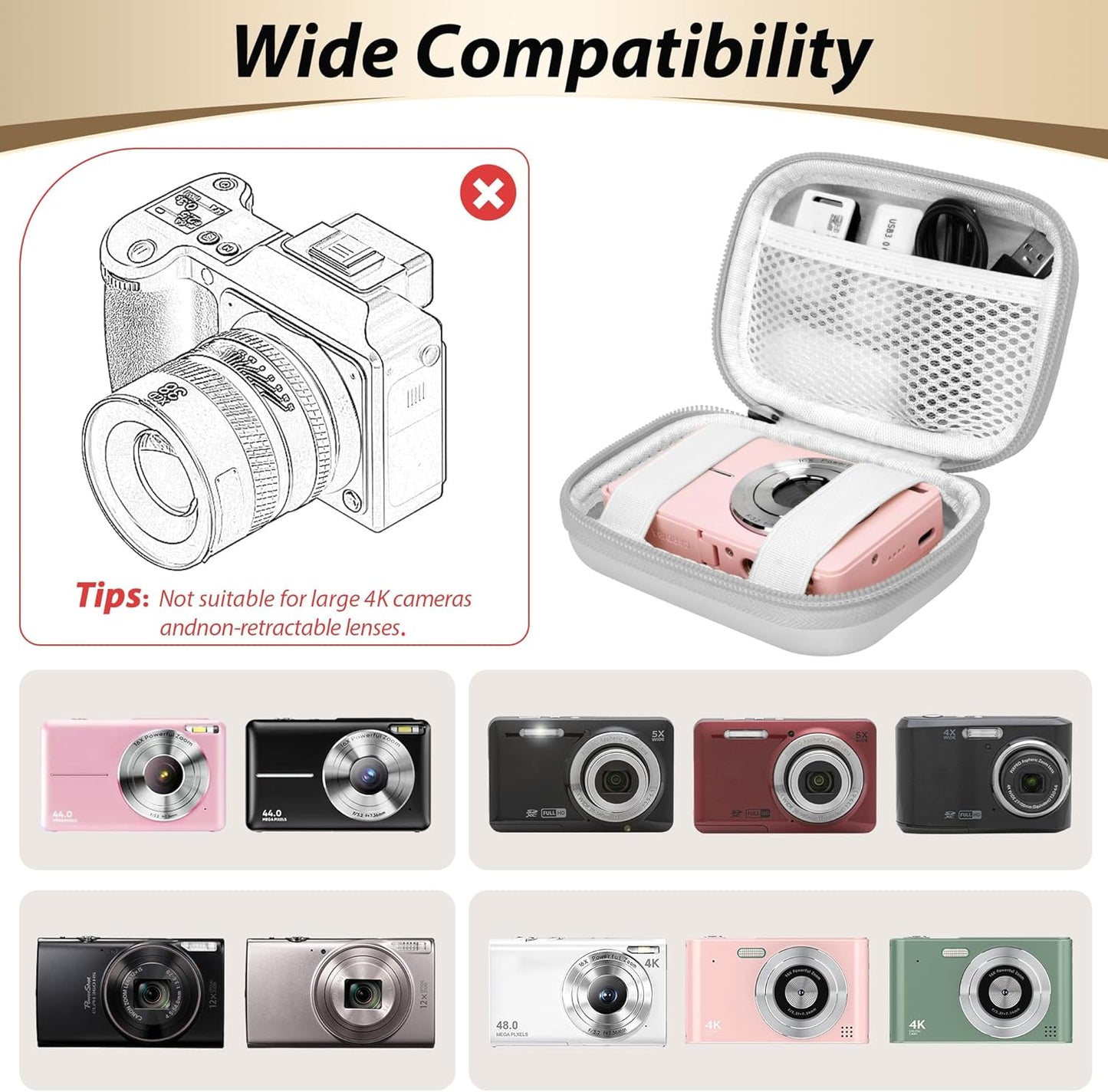 Digital Camera Case for CAMKORY, KODAK PIXPRO FZ45/FZ55, Canon IXUS 285 HS, Lecran, Small Travel Compact Camera Holder with Mesh Pocket for Accessories SD Card (Grey-PU)
