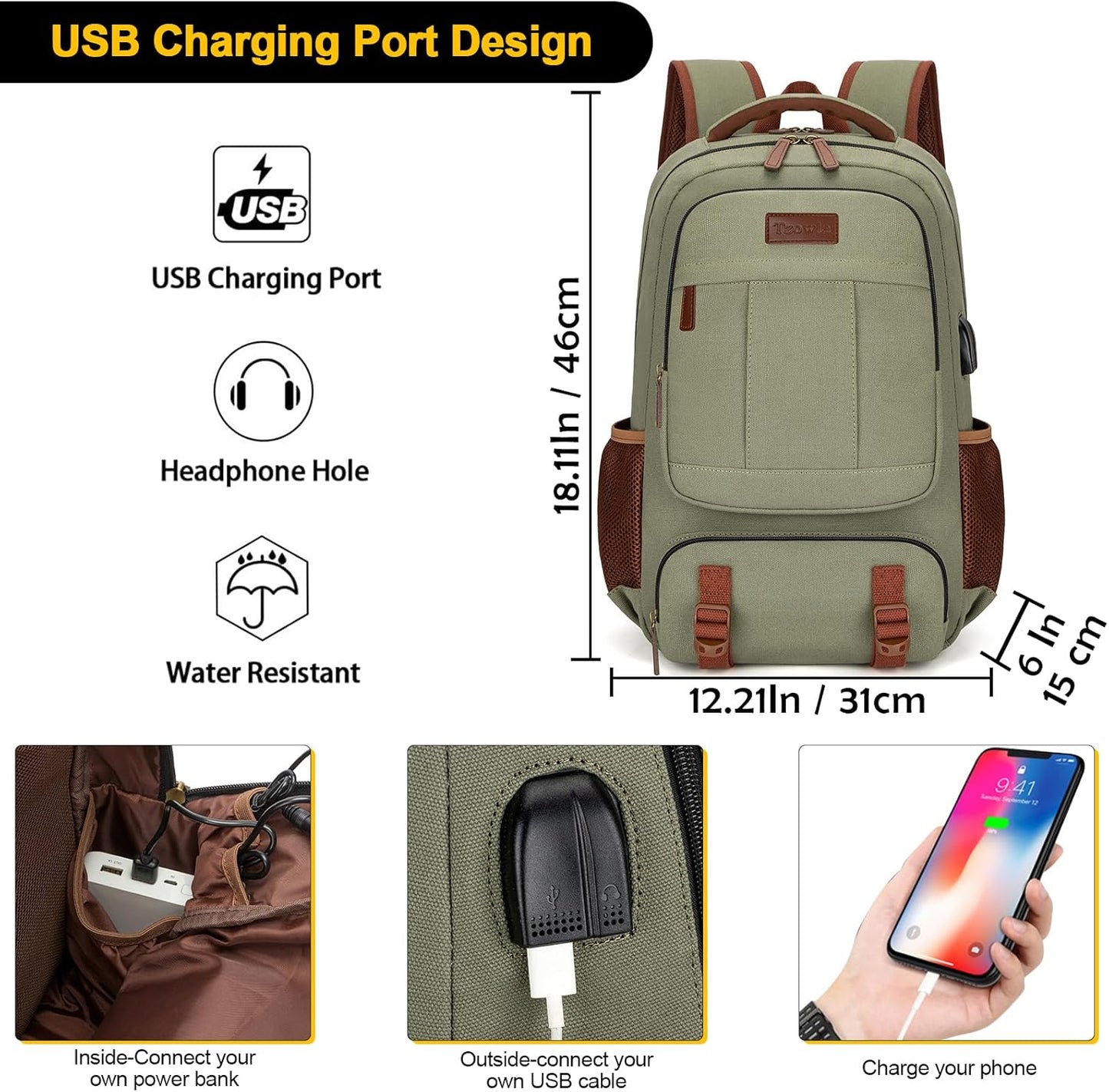 Tzowla Canvas Laptop Backpack, Bag for Men Women,Travel Work Rucksack Fits 15.6 Inch Laptop