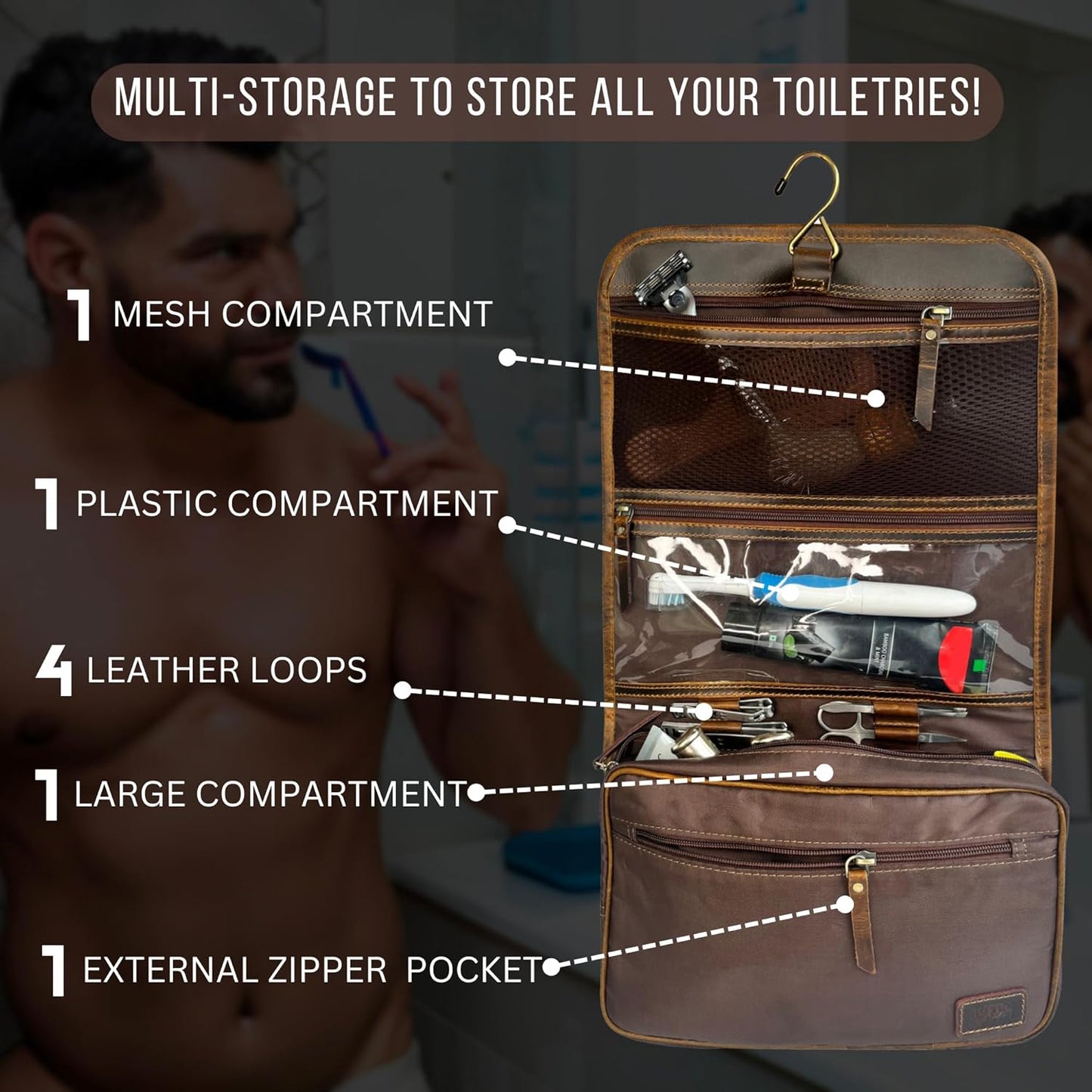 RUSTIC TOWN Leather Hanging Toiletry Bag for Men - Travel Shaving Dopp Kit - Bathroom Shower Toiletries Organizer - Leather Cosmetic Makeup Bag for Women