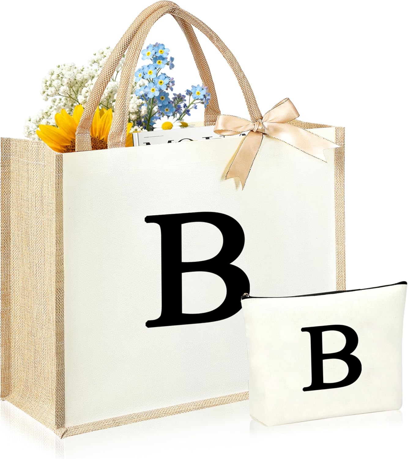 Initial Canvas Tote Bag & Makeup Bag for Women Teacher Bridesmaids，Personalized Present for Wedding, Birthday, Beach