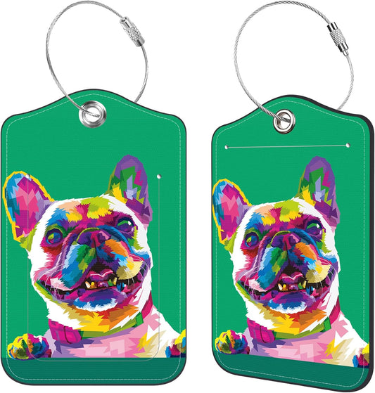 2 Pcs Luggage Tags for Suitcases, Cute French Bulldog Leather Bag Tags for Luggage Privacy Cover Name ID Label with Stainless Steel Loop Cruise Airport Travel Essentials