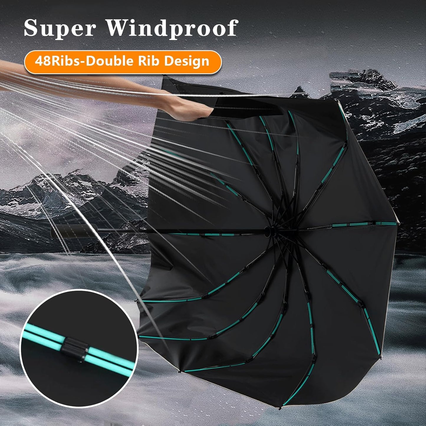 Large Double-Ribs Umbrella Automatic Folding Umbrella for Women Men, Travel, UPF 50+ UV Protection,46-Inch, 12 Ribs, Light Green