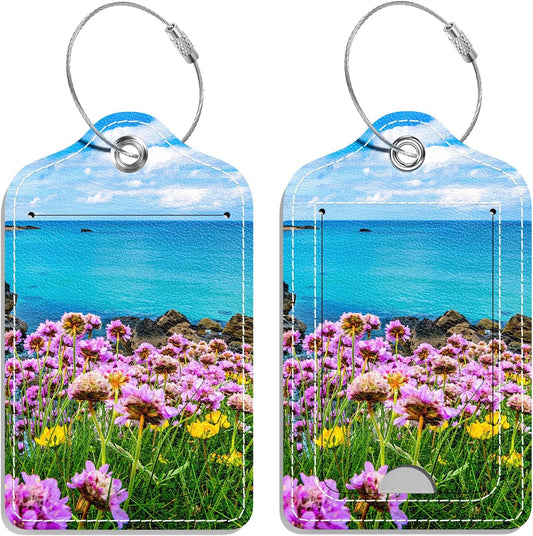 Luggage Tags for Suitcase, 2 Pack PU Leather Travel Cruise Luggage Tag with Privacy Flap, Name ID Label and Metal Loop for Women Men Girls Suitcase Baggage Bag Backpack, Natural Flower