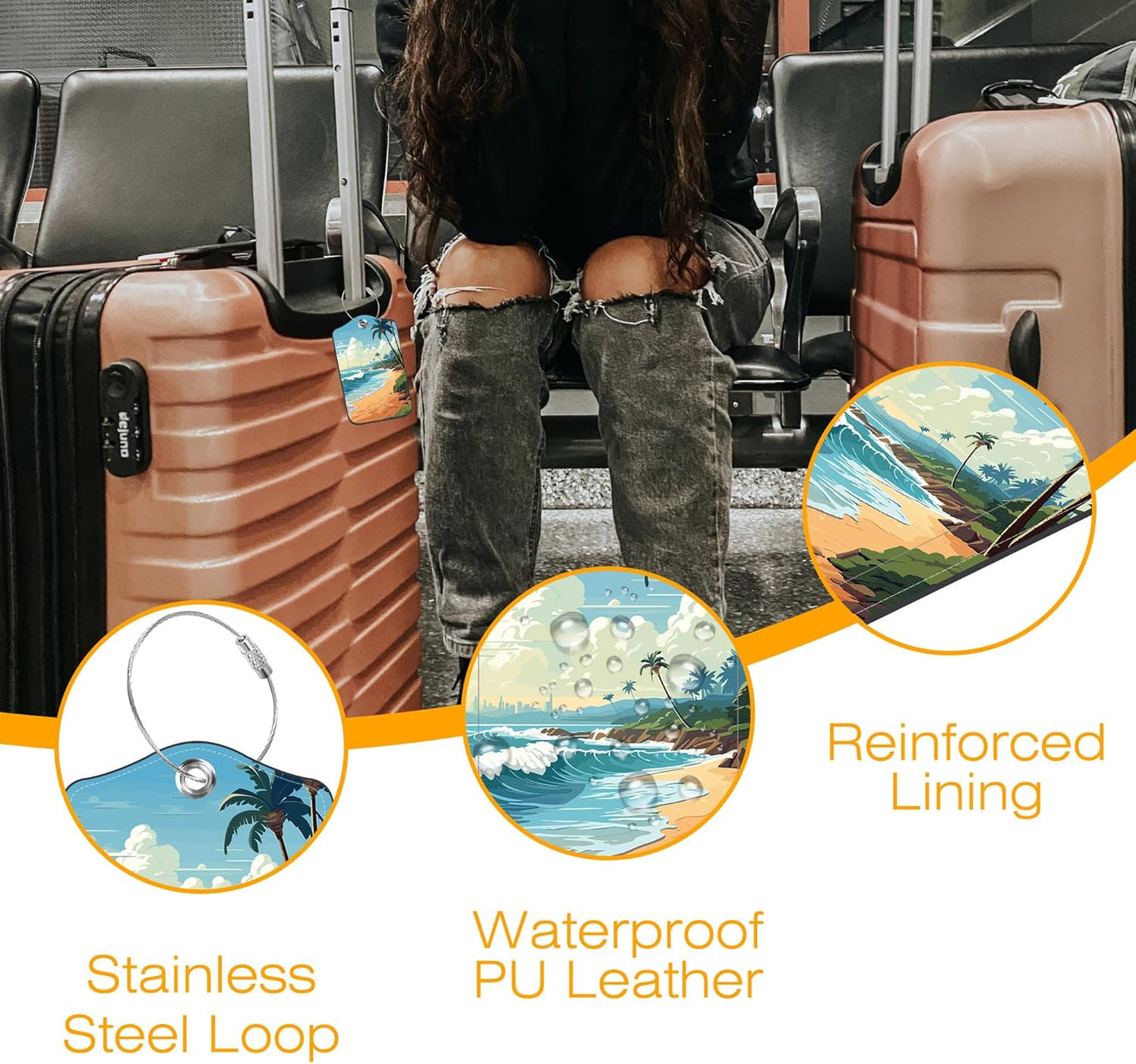 Beach Palm Trees Luggage Tag for Suitcase 3 Pack Leather Luggage Tag with Privacy Flap Name ID Label and Metal Loop for Women Men Travel