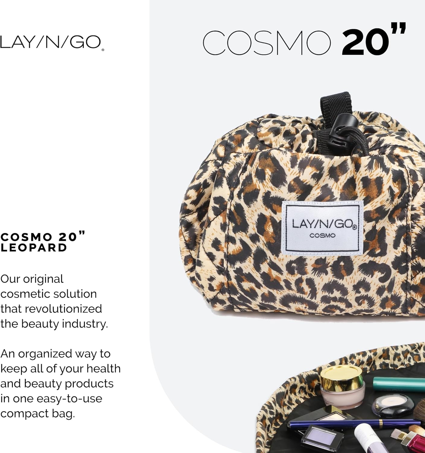 Lay-n-Go Cosmo Layflat Drawstring Cosmetic & Makeup Bag Organizer w/Zipper Pocket, Brush Loops &