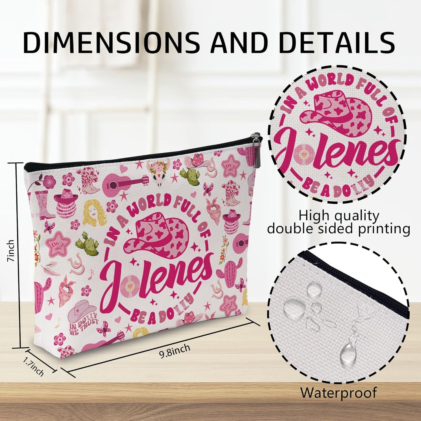 Pink Cowgirls Makeup Bag, Country Music Lover Gift Silky Lining Cosmetic Pouch, Western Country Pink Dolly Theme Gift for Women Country Music Fans