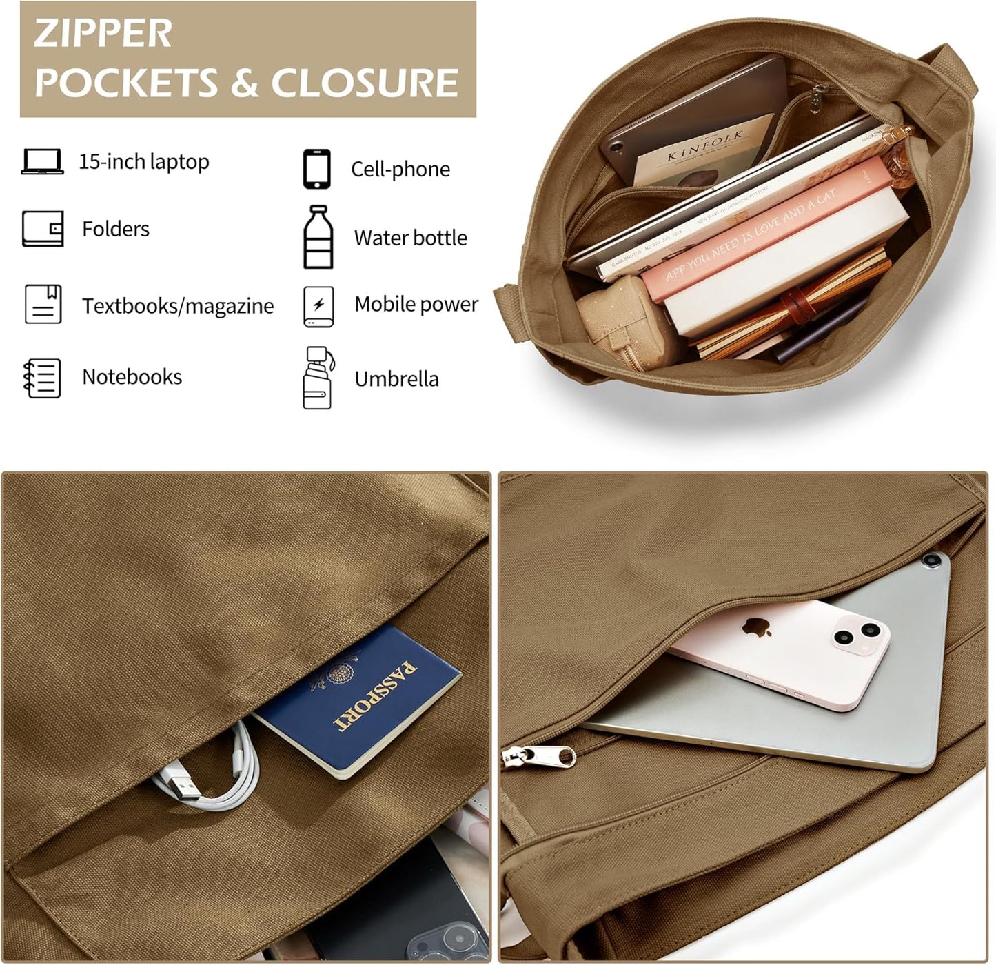 KALIDI Canvas Tote Bag Large Hobo Crossbody Shoulder Handbag Zipper Messenger Bag for Women or Men Casual College Work