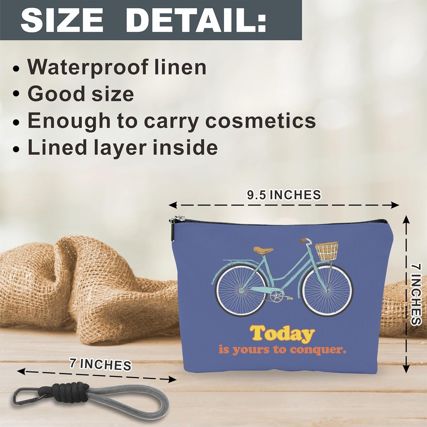 Make Up Bag For Woman, Cosmetic Bag With Hand Strap - Today Is Yours To Conquer - Lined Toiletry Bag - Bicycle Theme Pouch, Navy Organizer With Zipper, Women Essentials & Accessories - A16