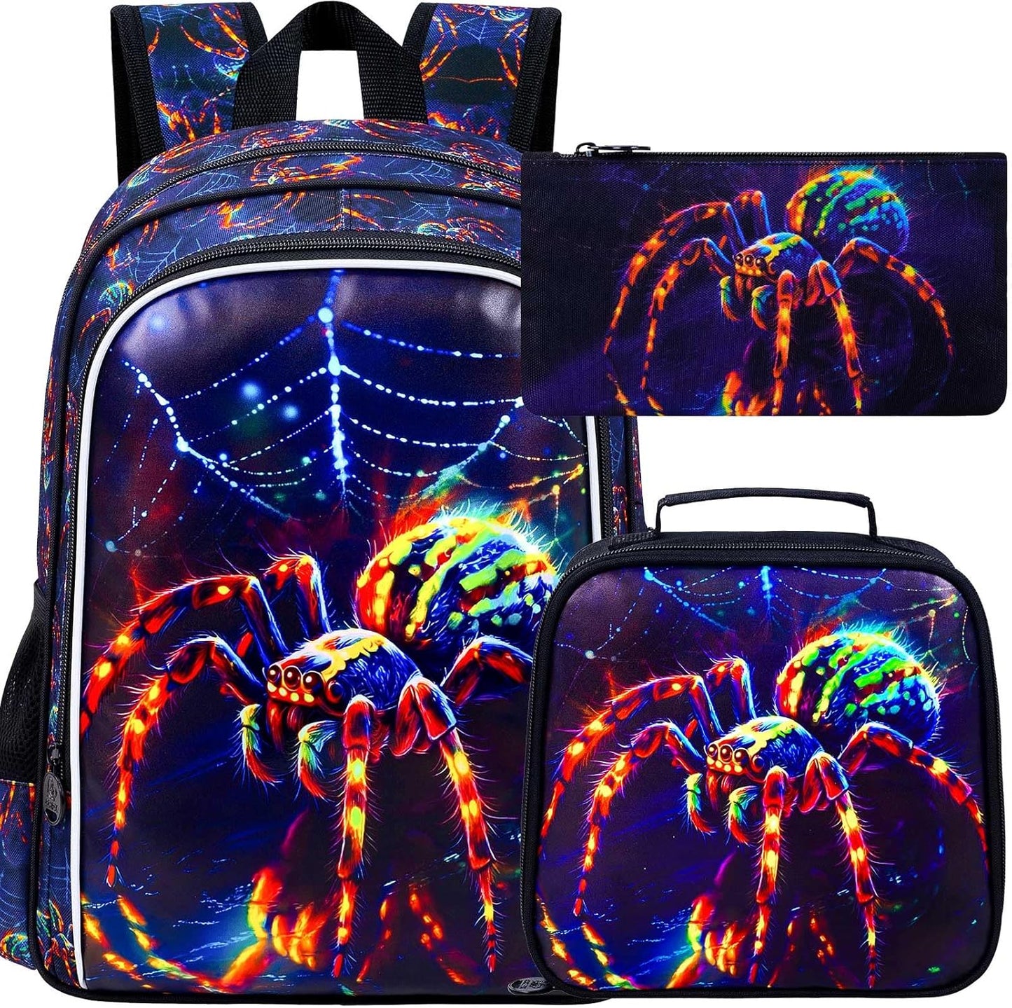 gxtvo 3PCS Spider Backpack for Boys, 16" Kids Bookbag with Lunch Box, Water Resistant Elementary Preschool Toddler School Bag
