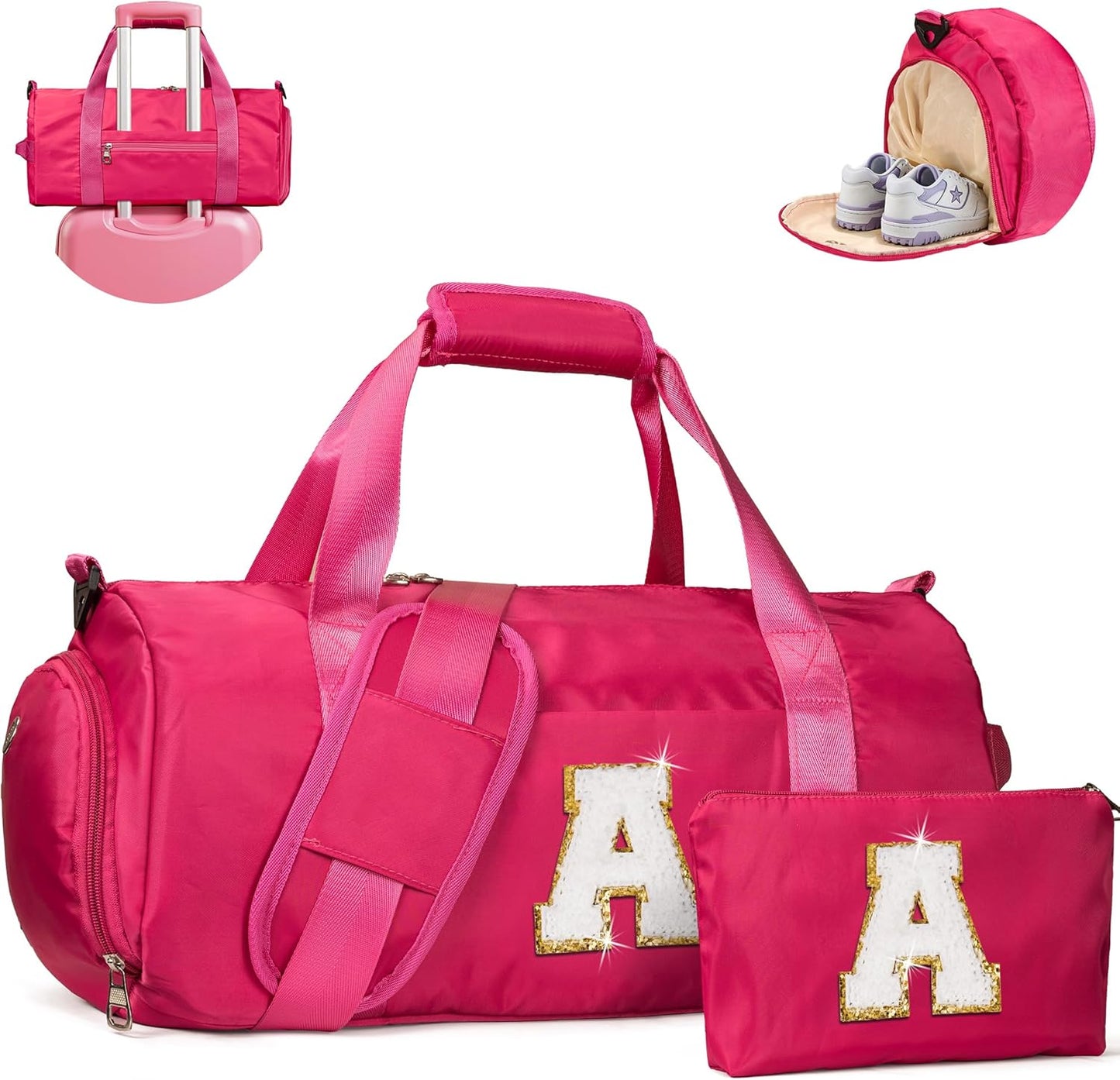 Birthday Gift for 8 Year Old Girl, Girls Travel Duffel Bag, Kids Initial Overnight Bags with Shoe Compartment, Customized Sport Gym Weekender Bag with Makeup Pouch, Trendy Stuff (Letter A)