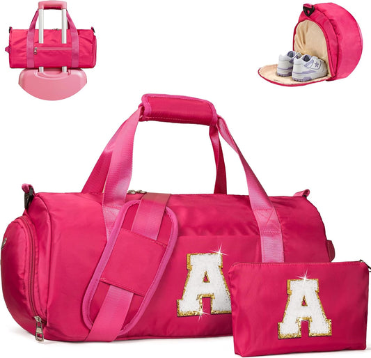 Birthday Gift for 8 Year Old Girl, Girls Travel Duffel Bag, Kids Initial Overnight Bags with Shoe Compartment, Customized Sport Gym Weekender Bag with Makeup Pouch, Trendy Stuff (Letter A)