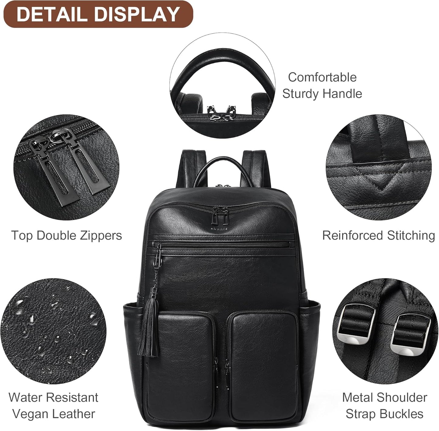 Shrrie Laptop Backpack for Women 16 Inch,Vegan Leather Travel Backpack Purse Work Business Computer Backpacks Teacher Nurse College Laptop Bookbag Casual Daypack,Two-toned Black