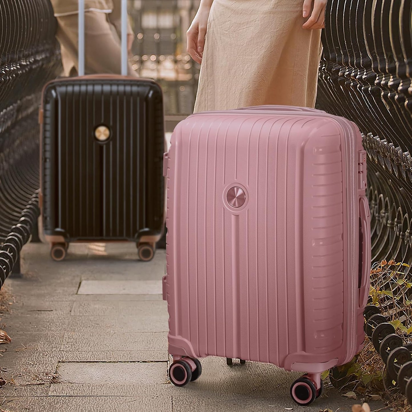 Joyway Luggage Sets 5 Piece PP Hardshell Carry on Suitcase, Travel Lightweight Carry-on with Double Spinner Wheels and TSA Lock, Rose Gold