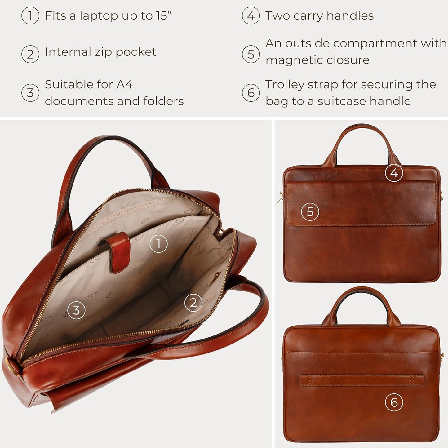 Time Resistance Leather Briefcase - Italian Handmade Leather Laptop Bag - Handbag for Men - Professional Computer Case