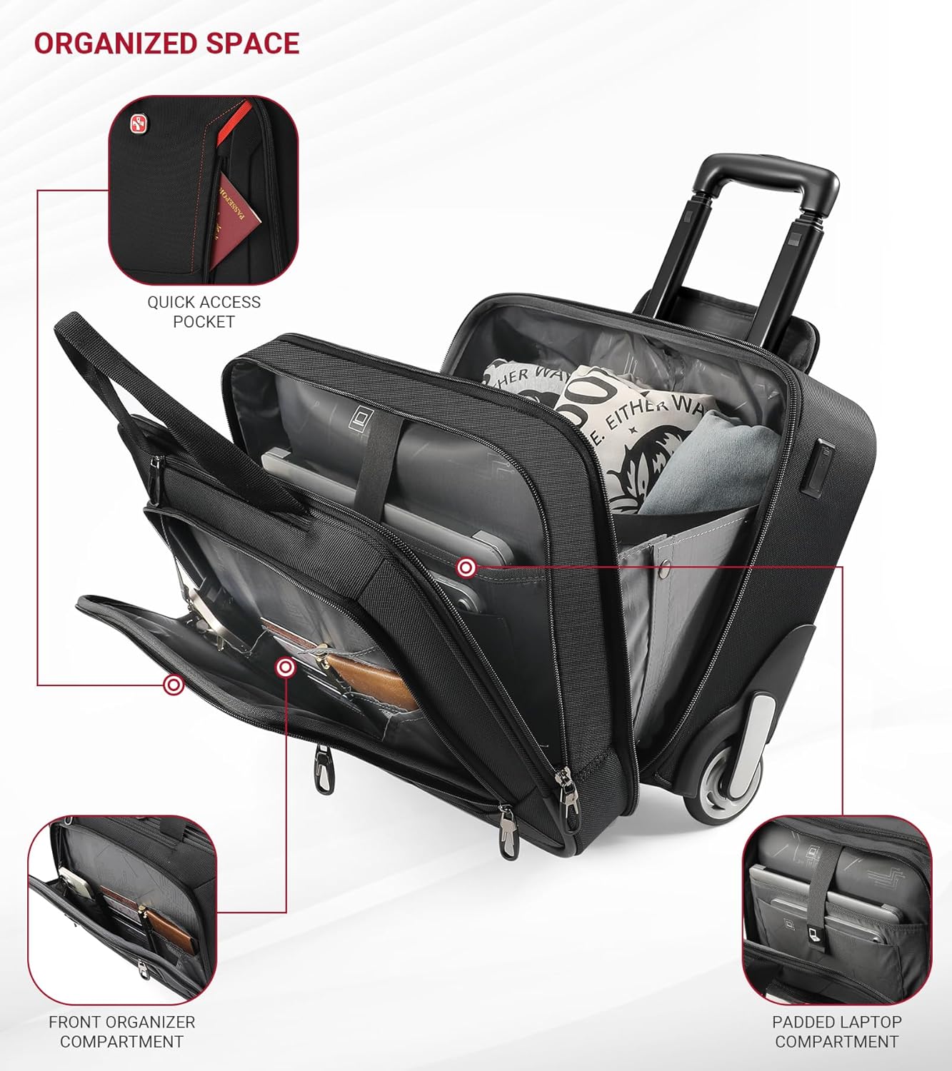 star cloud Rigid Frame Rolling Laptop Bag 18"×14"×8", Water-Resistant Rolling Briefcase with