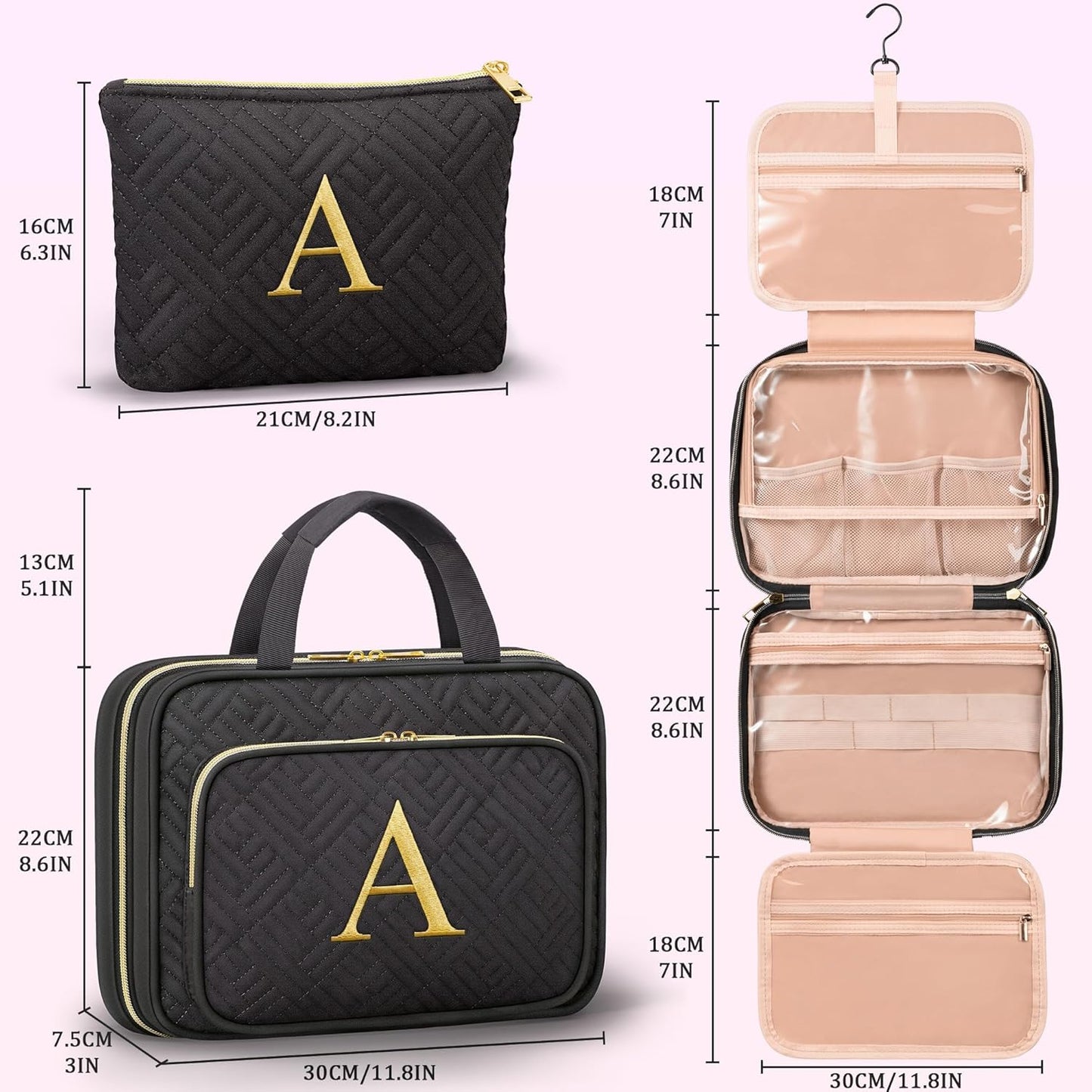 Gifts for Women, Initial Toiletry Makeup Bag Hanging Cosmetic Organizer with Embroidery Letter