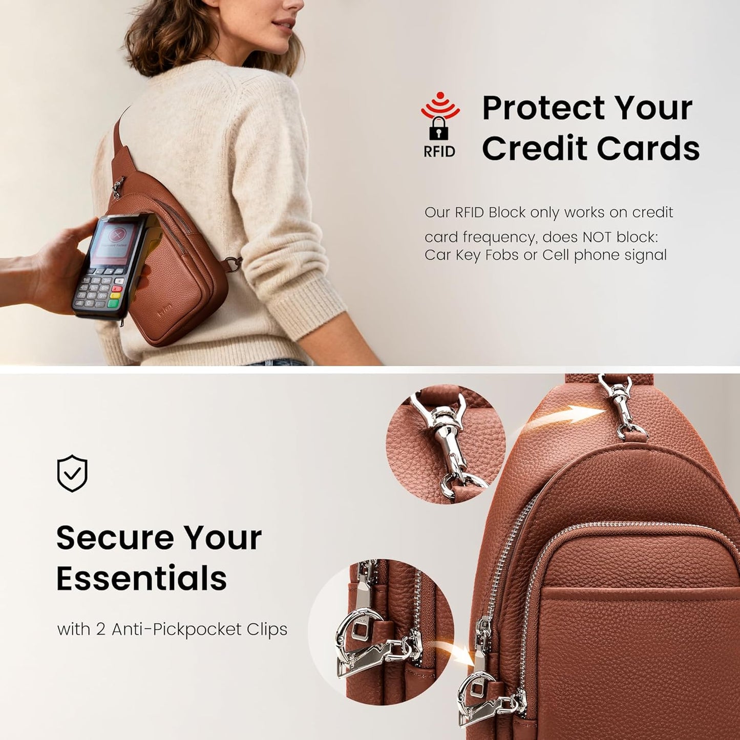 befen Genuine Leather Small Sling Bag for Women Anti-Theft Crossbody Chest Bags Multi-Pockets Fanny Pack with RFID Card Slots