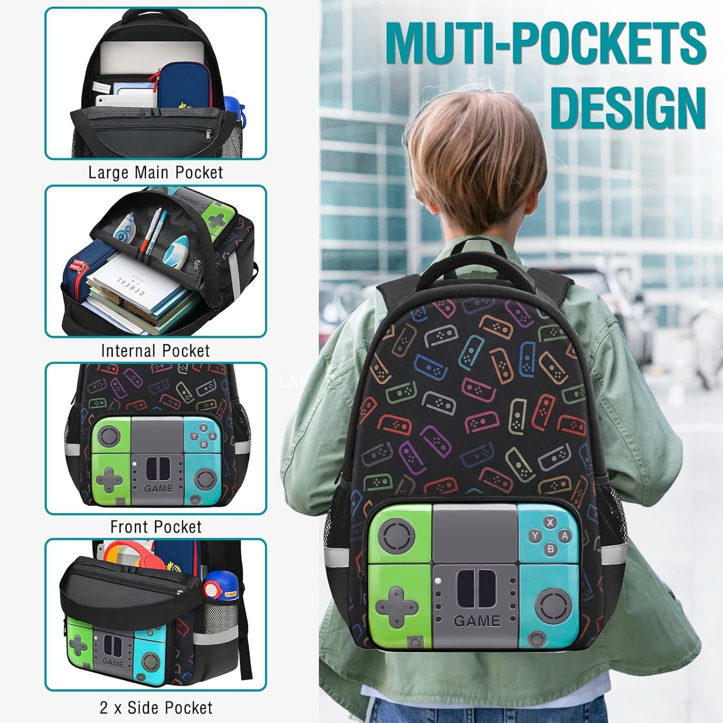 Boys Backpack for School,Gamer Backpack for Boys Kids With Lunch Box Pencil Case,Boy Bookbag for Elementary Middle School,Video Game Bookbag For Boy Kids Teen Age 6-14,17″