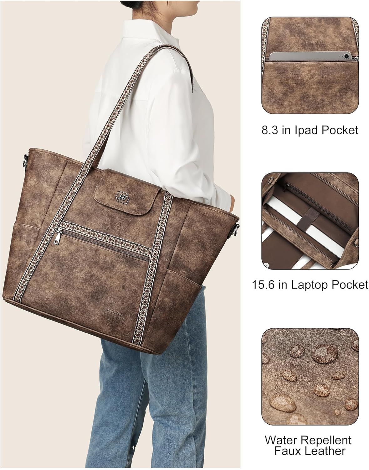 FADEON Large Laptop Tote Bag for Women Designer Leather Laptop Bag Fashion Travel Backpack Purse