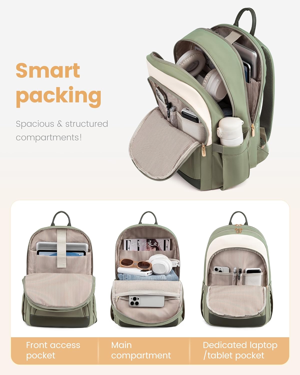 LOVEVOOK Laptop Backpack for Women, 15.6 inch Waterproof College Backpack Woman with Laptop Compartment Computer Bag Travel Backpack Purse, Large Black Computer Daypack for Work Casual, Beige green