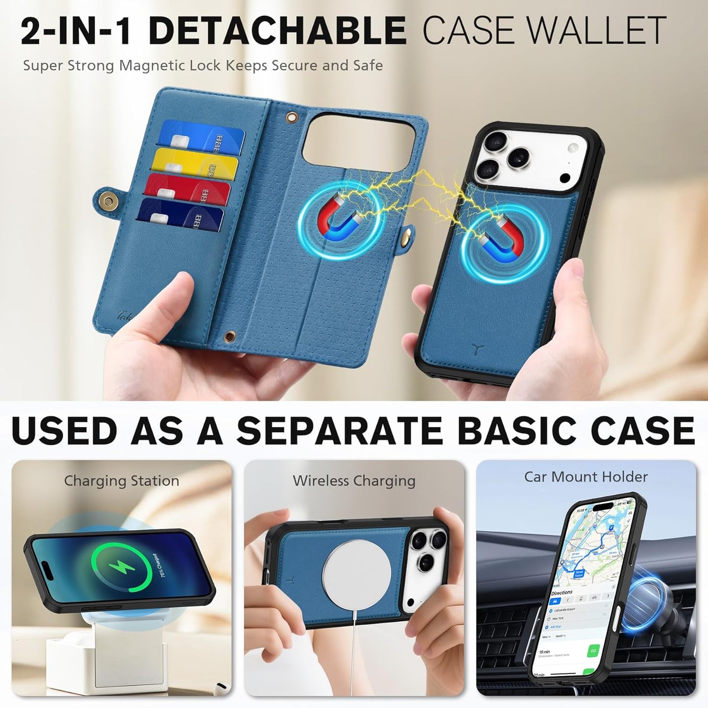 TUCCH Removable Crossbody Case Wallet for iPhone 17 Pro Max 6.9" 2025, Wireless Charging, RFID Blocking 10 Card Slots, Lanyard, Wrist Strap, Zipper Pocket, PU Leather, Stand Magnetic Cover, Light Blue