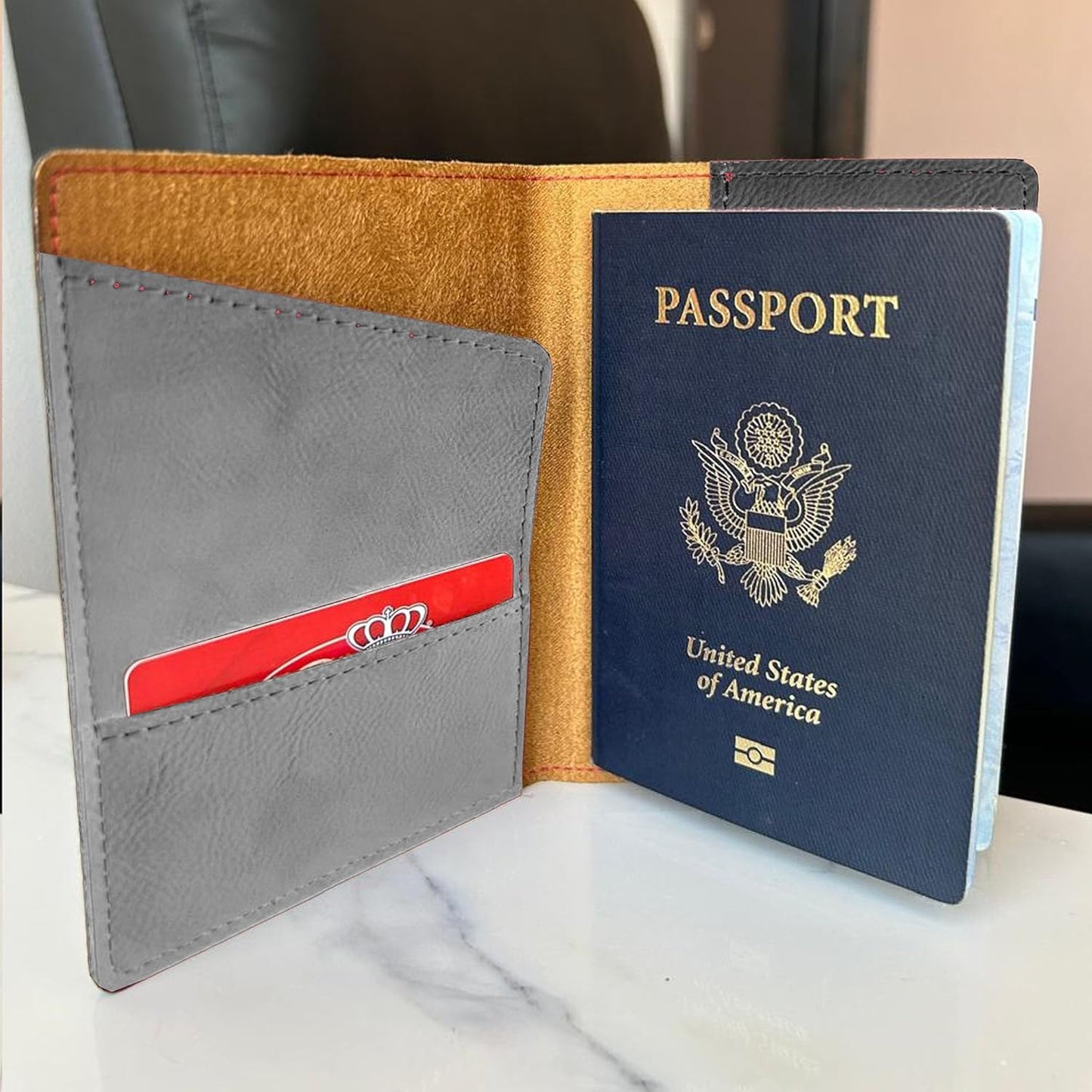 LaserGram Faux Leather Passport Holder, Coat of Arms Dominican Republic, Personalized Engraving Included (Gray)