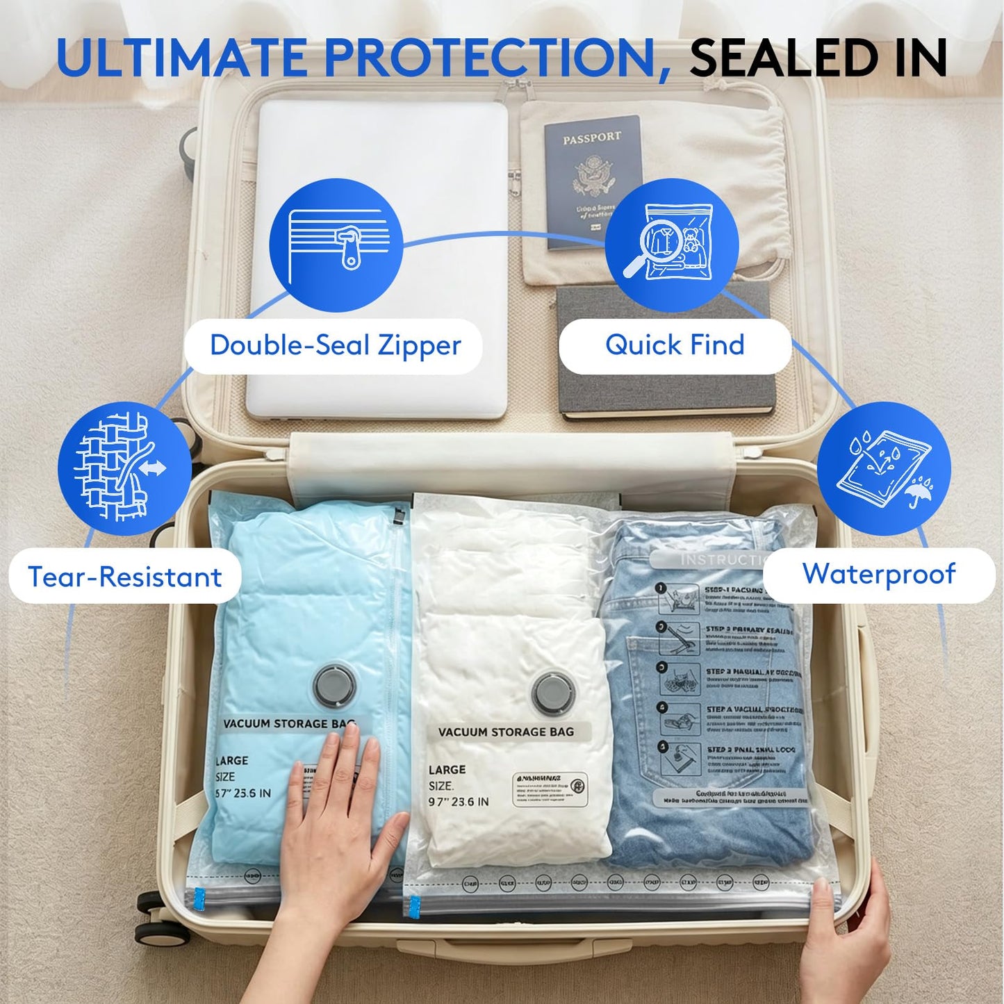 15+1 Packs Vacuum Bags for Travel with Rechargeable Pump, 3 Sizes Vacuum Seal Bags for Clothing