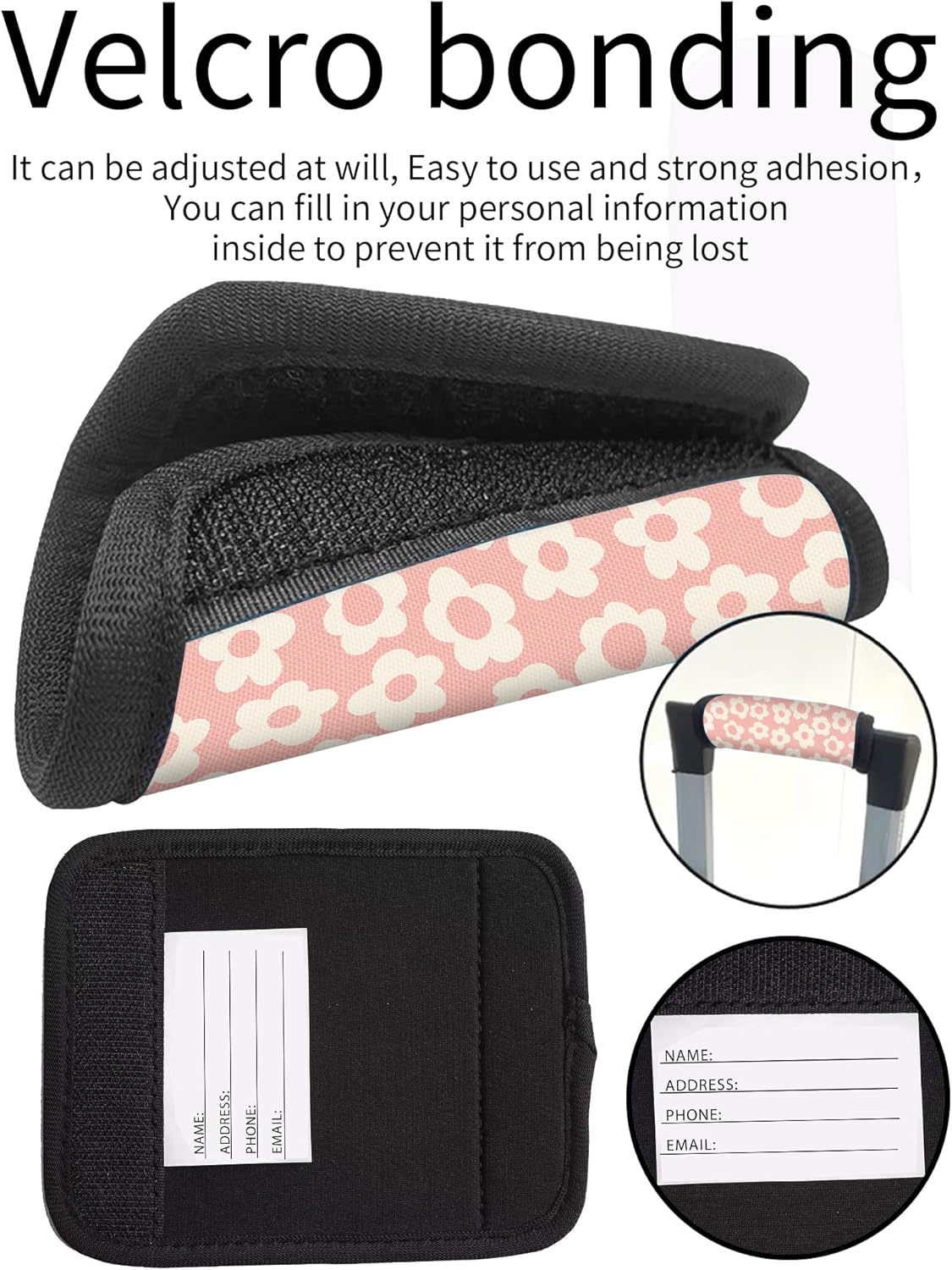 2 Pack Luggage Handle Wrap Travel Tags - Set of Luggage Tags for Suitcases, Identifiers, Marker, and Handle Covers - Cruise Accessories and Travel Gifts（Pink Groovy Flower
