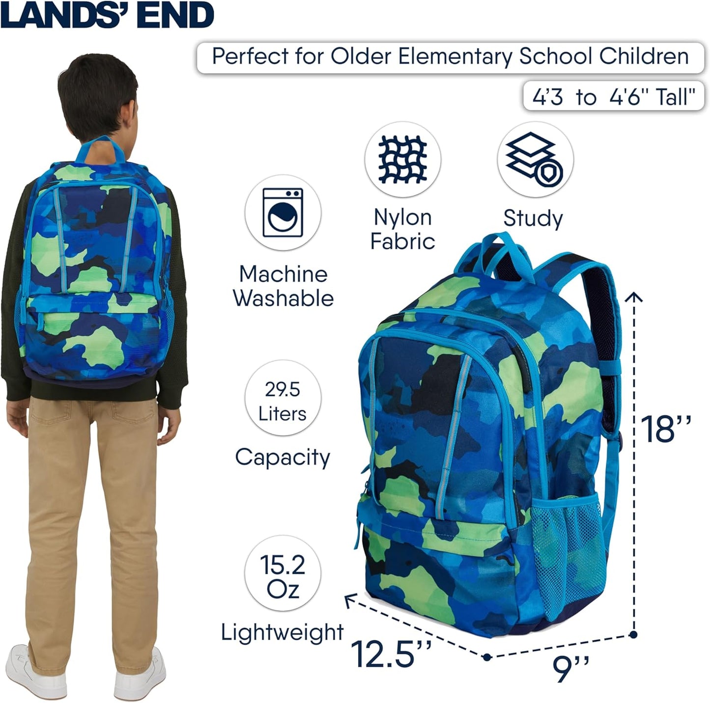 Lands' End Unisex Kids Large ClassMate Lightweight Durable Elementary School Backpack, Bright Blue